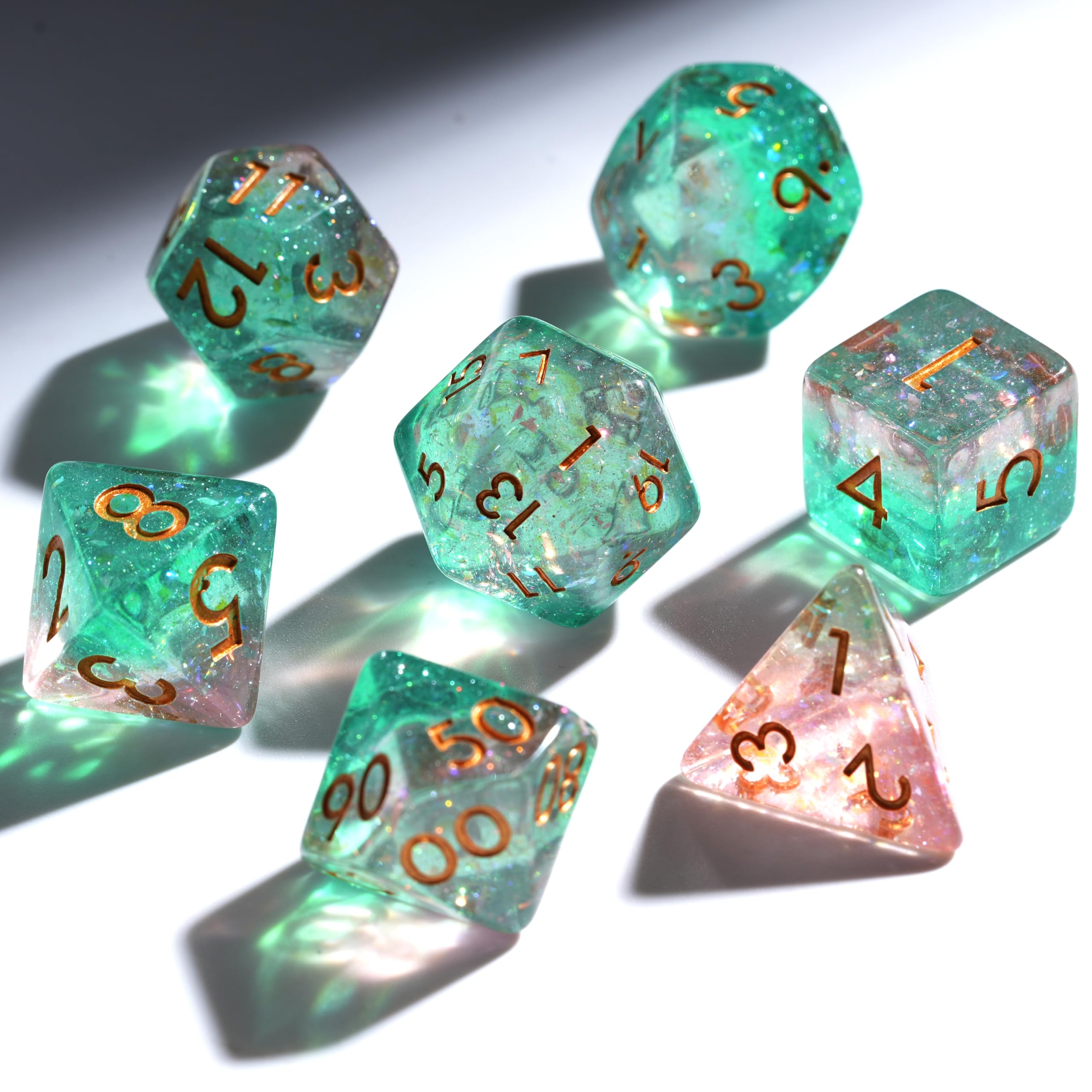 Starlight Ember Resin Dice Set for DND – 7pc Polyhedral Set with Glitter – Stunning and Cool RPG Dice for Dungeons & Dragons, and Other TTRPGs – Unique Natural Distribution