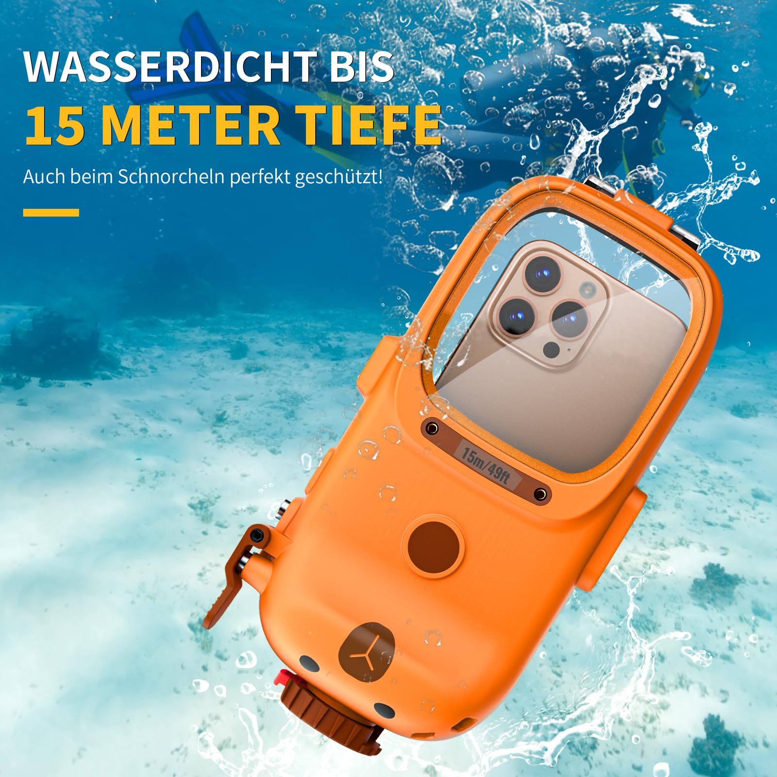 Lanhiem wasserdichte Handyhülle 15M Universelle IPX8 Tauchen Professionelle, kompatibel mit Bluetooth, Unterwasser Hülle für iPhone Samsung XiaoMi Redmi Google und Smartphones 4,7–6,9 Zoll, Orange