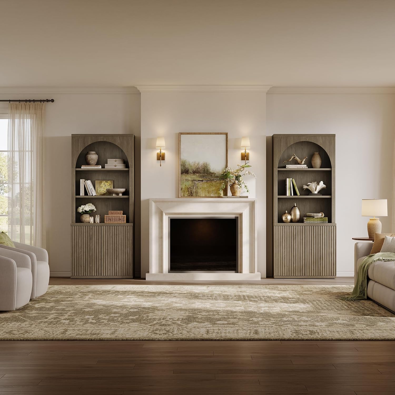 SICOTAS Book Shelf 78" Tall Arched Cabinet Modern Bookshelf Bookcase Large Bookcase with Doors Storage Wide Book Shelves with Storage for Living Room Kitchen Home Office Bedroom Library, Grey Alder