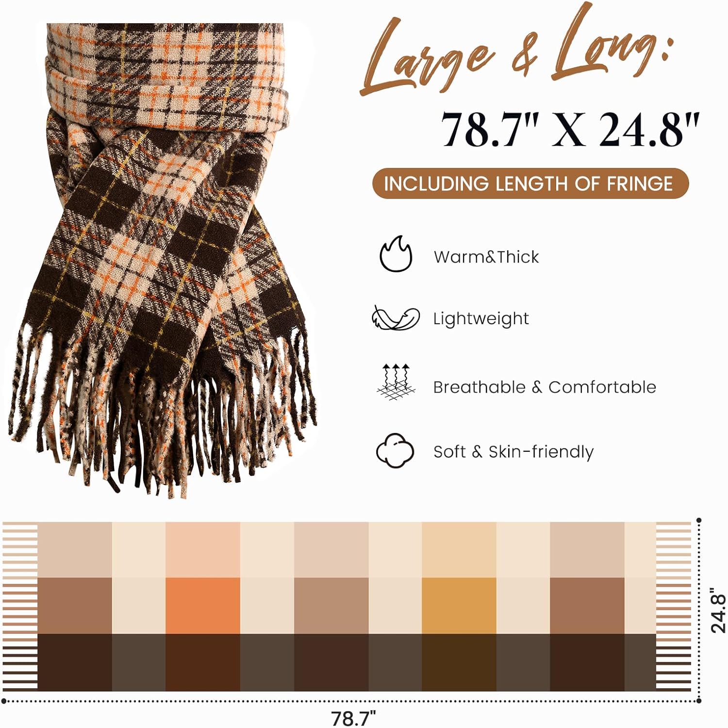 Winter Scarf for Women, Fashion Plaid Blanket Scarves with Fringe, Long Soft Scarf Shawl Wraps - Image 3
