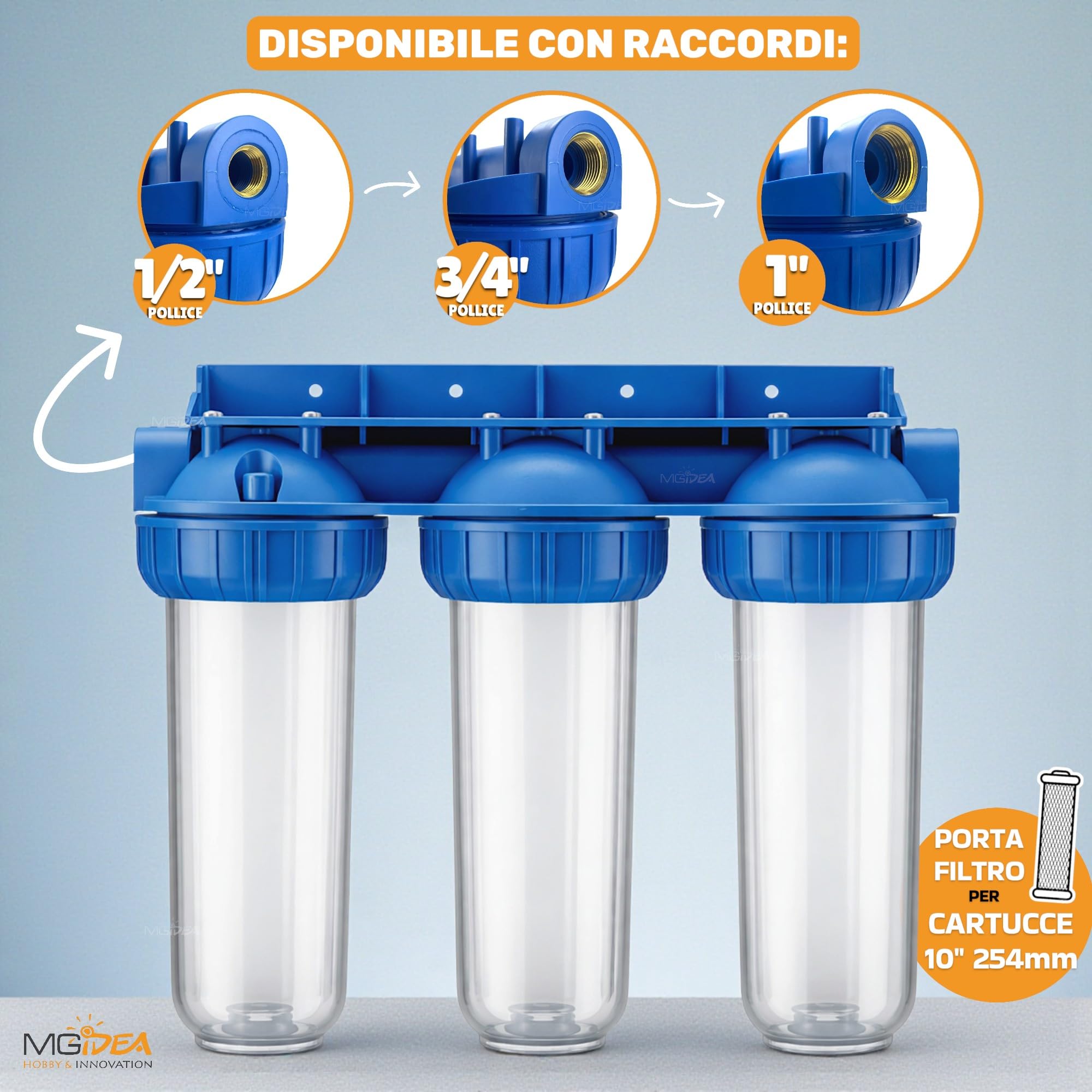 Depuratore Sistema Filtro Filtrazione Acqua 3 Stadi Cartucce 10" Pollici Filtri Sedimenti e Carboni Attivi, 254mm per impanti idrici domestici (1/2" (20,67mm))