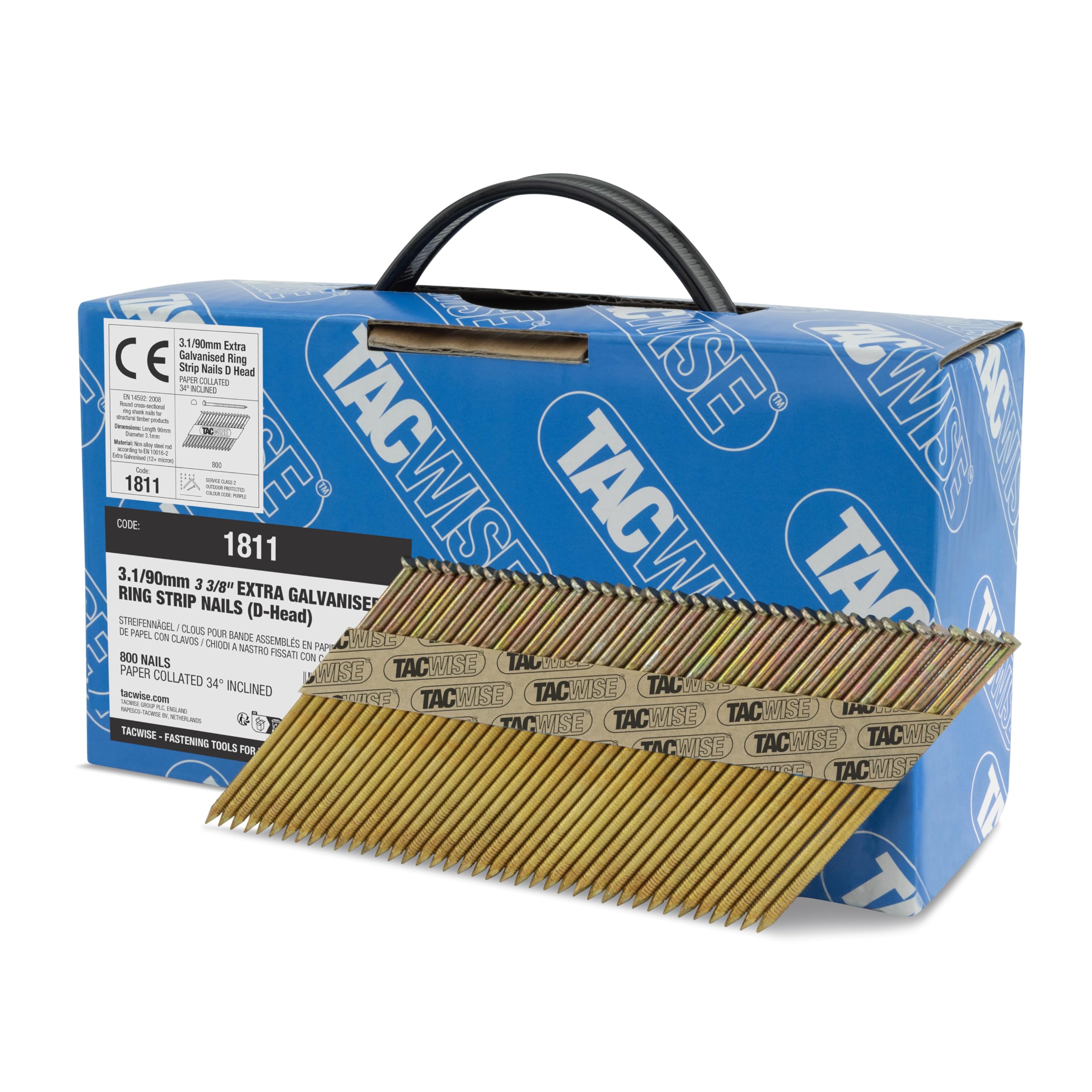 Tacwise 1811 Extra Galvanised Framing Nails 3.1/90 Mm, D Head, Ring Shank, 34° Inclined, Paper Collated, Pack Of 800