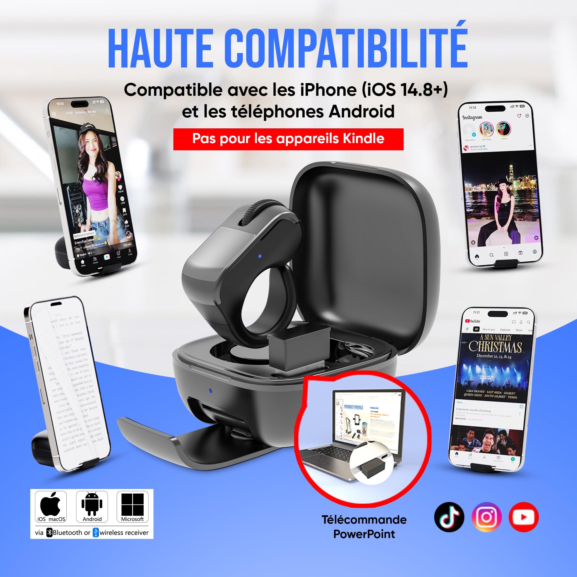 Pro Anneau Souris Bluetooth, Finger Ring Mouse, Contrôle Curseur Défilement Vidéo pour Téléphone Apple et Android, Compatible avec PC, Ordinateur Portable, Tablette (Noir)