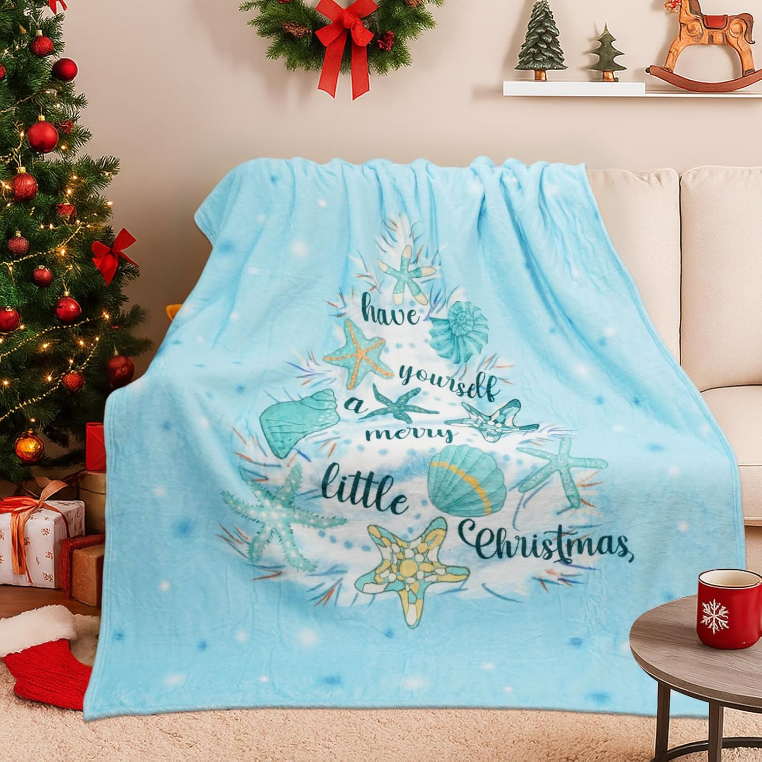 Coastal Christmas Decor Blanket Beach Xmas Decorations Blue Winter Throw Blanket Ultra Soft Cozy for Home Sofa Couch and Bed 50x60 Inch Gifts