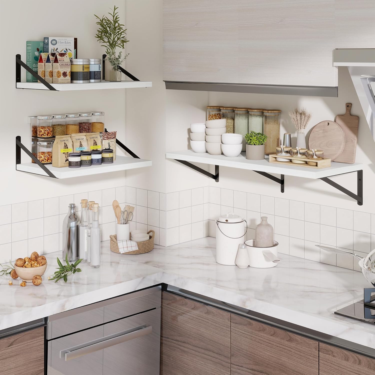 Deep Wall Shelves 16"W x 12"D Engineered Wood Floating Shelves for Wall, Sturdy Metal Bracket Bookshelves Home Decor Storage for Living Room Bedroom Bathroom Kitchen, Set of 2, White Finish