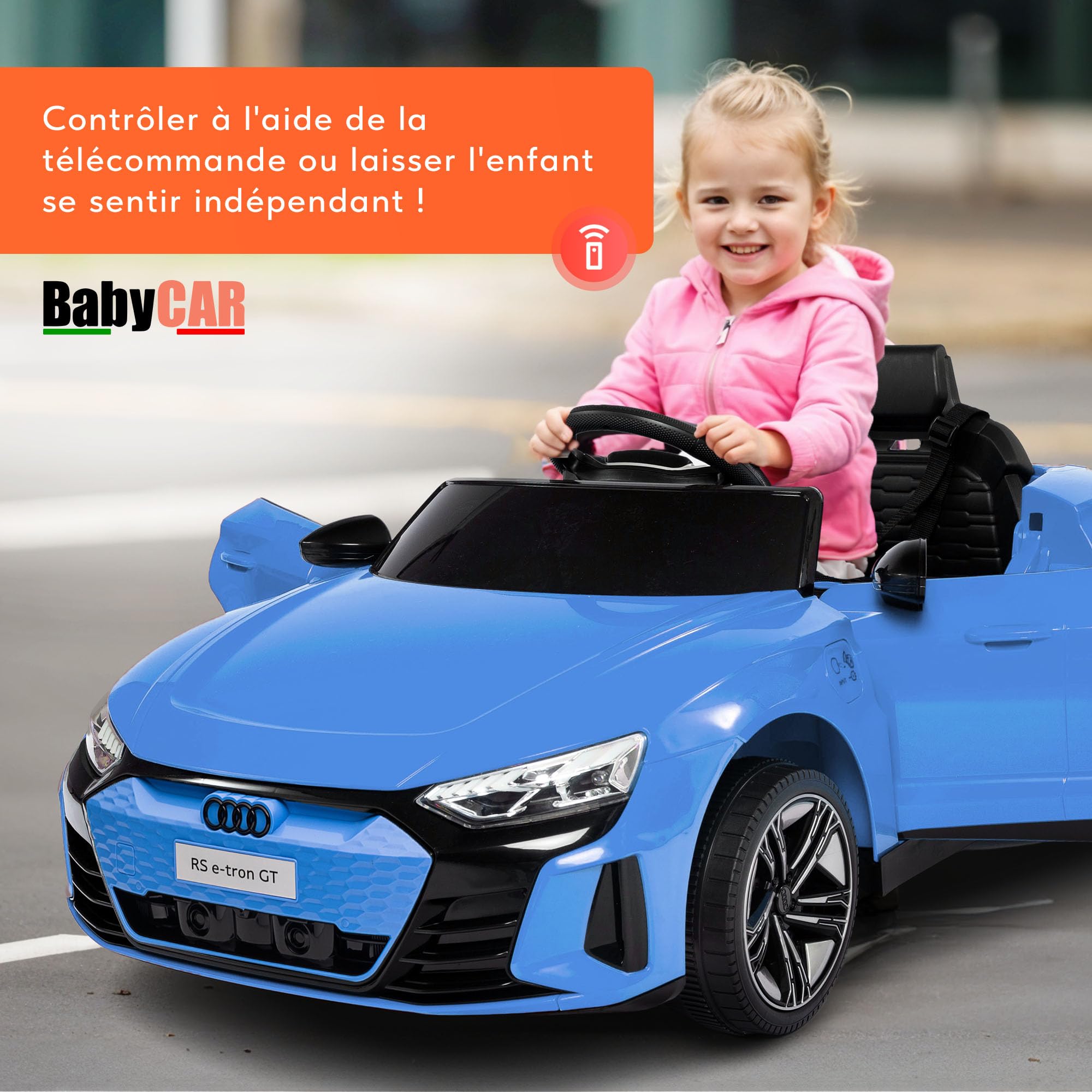 BabyCar Audi RS E-tron | Véhicule Electrique 12V avec 2 Moteurs 25W | Voiture pour Enfant avec Télécommande, Portes Ouvrantes, MP3/USB | Licence Audi Officiel | Bleu