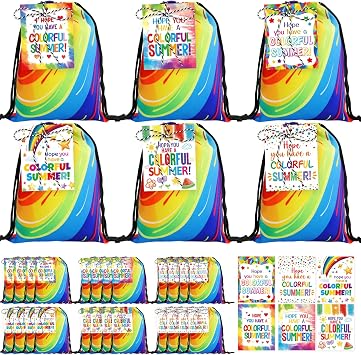 ceiba tree 24Pcs End of Year Student Gifts Bulk Colorful Drawstring Bags with Cards from Teacher Last Day of School Year Kindergarten Preschool Graduation Summer Treat Bags Classroom Party Favors