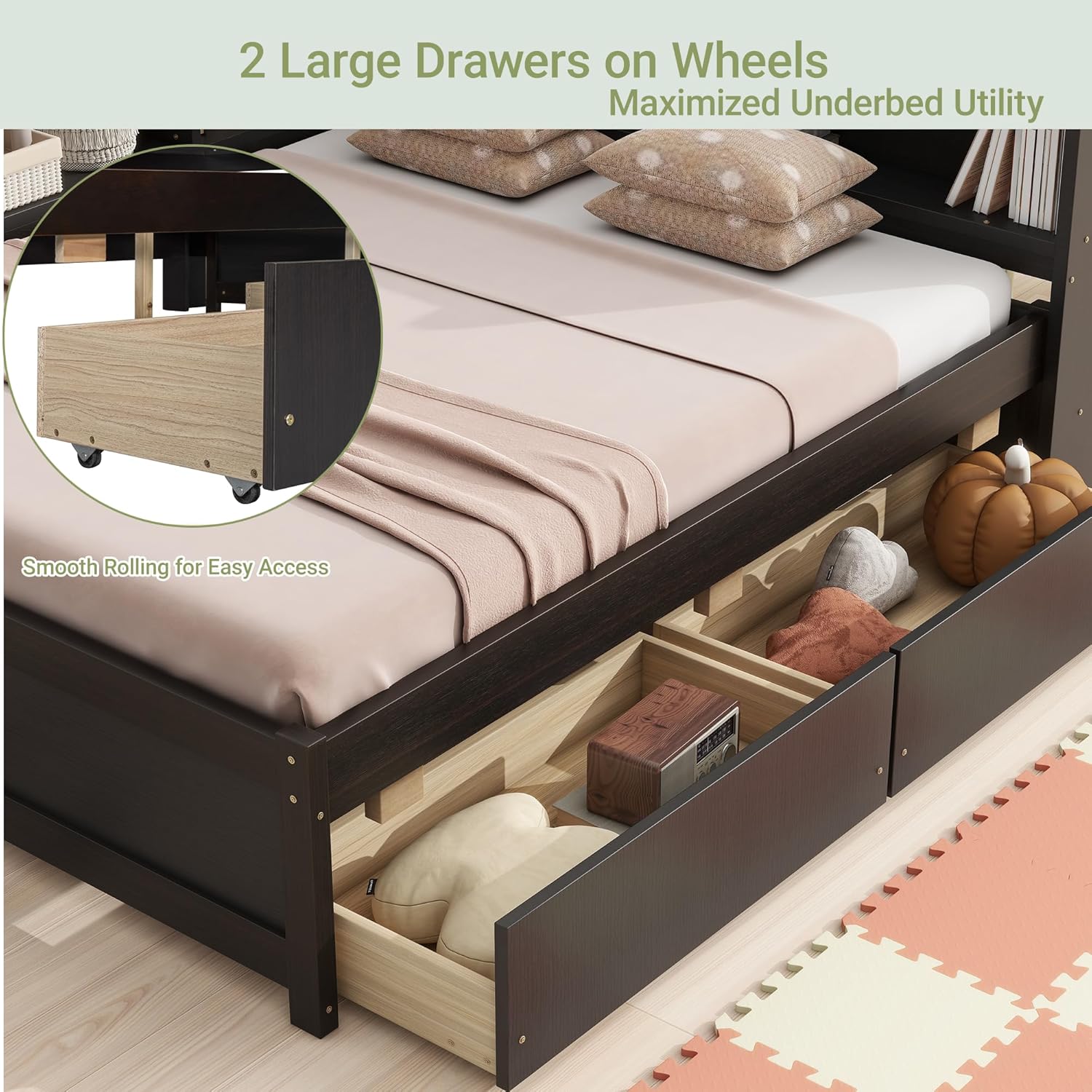Twin Size Corner Bed Frame with L-shaped Bookcase Headboard, Wood Platform Bed with Charging Station and USB Ports, 2 Storage Drawers on Wheels, No Box Spring Needed, Space-Saving Design, Espresso