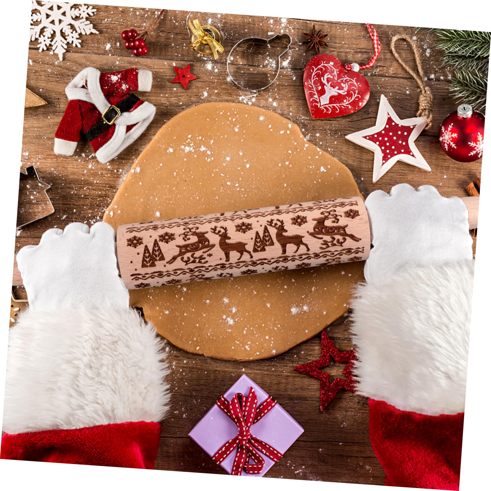 Mikinona Rouleau À Pâtisserie en Bois Rouleau À Pâtisserie Décoré De Noël pour La Pâtisserie Maison