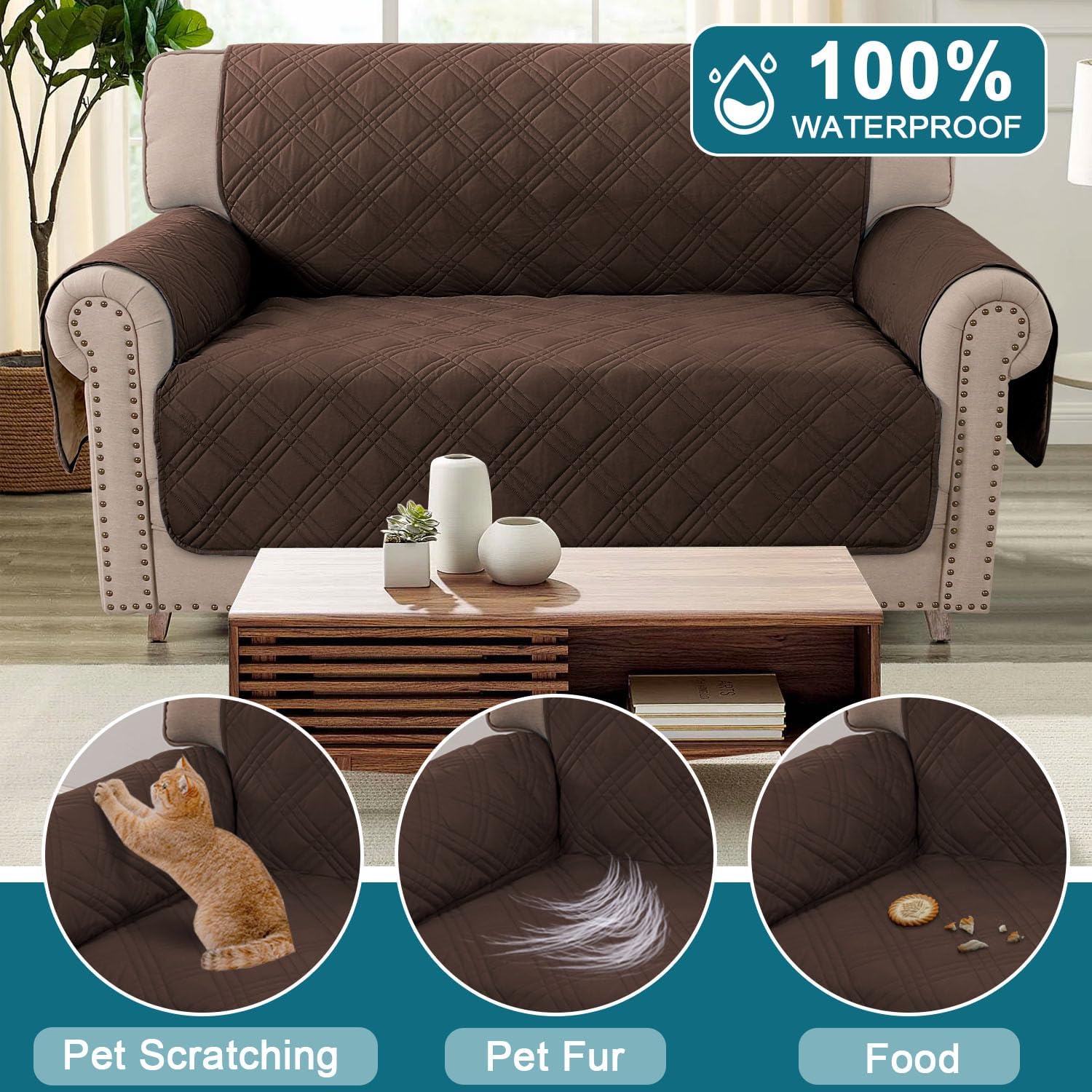 Turquoize Waterproof Couch Covers Loveseat Covers for 2 Cushion Couch Pet Friendly Non-Slip Dog Couch Cover Protector Washable Furniture Covers for Pets, Kids,Dog (Loveseat 48", Brown)