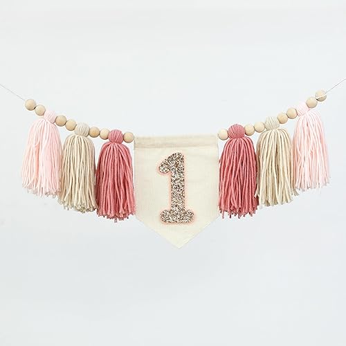 Miniatura 7 de Handmade Boho Pink 1st Birthday High Chair Banner First Highchair Banner For Baby Girls Wall Hangings Wood Bead Tassel Garland 1 Birthday Party