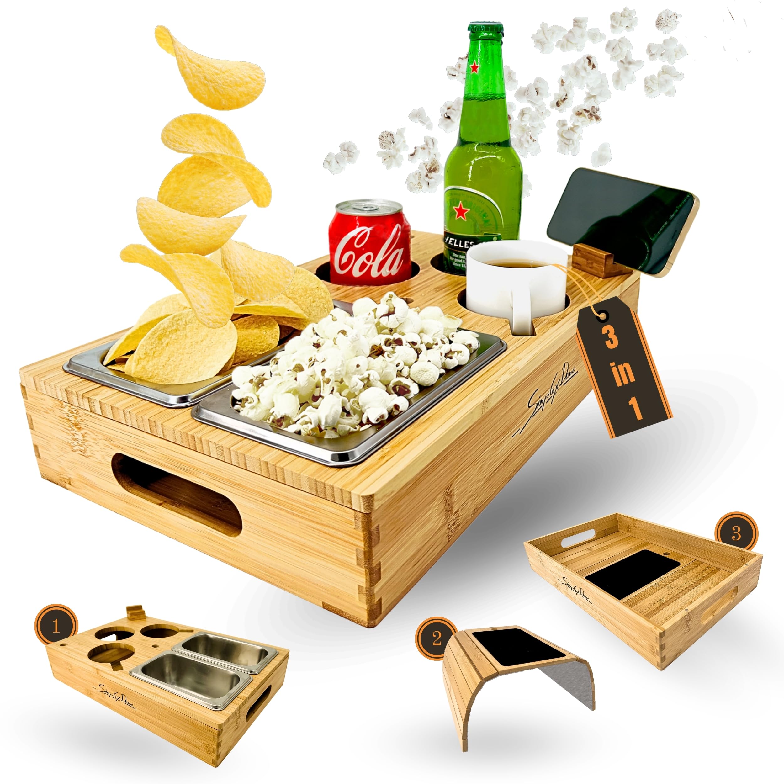 Couchbar Snackbox mit anpassbarer Couch Ablage für 2 Personen - Sofa Snackbar Organizer aus Bambus - Couchtablett mit Getränkehalter & Edelstahl Snackschalen - Sofatablett für Snacks & Getränke