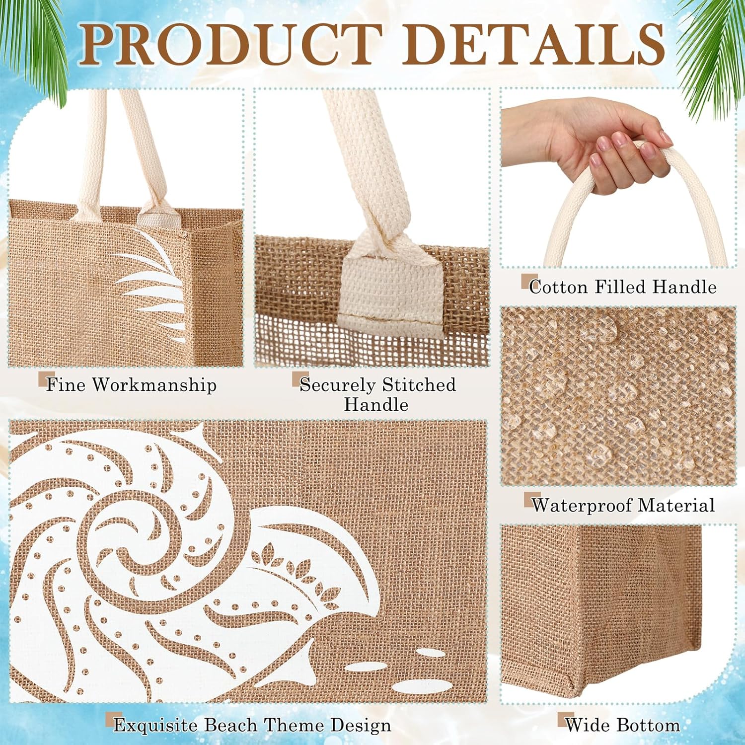 Coume 6 Pack Beach Burlap Tote Bags Bulk Large Beach Jute Tote Bag with Handles 14.2" x 12.6" x 7.5" for DIY Bridesmaid Gift(Main White) - Image 5