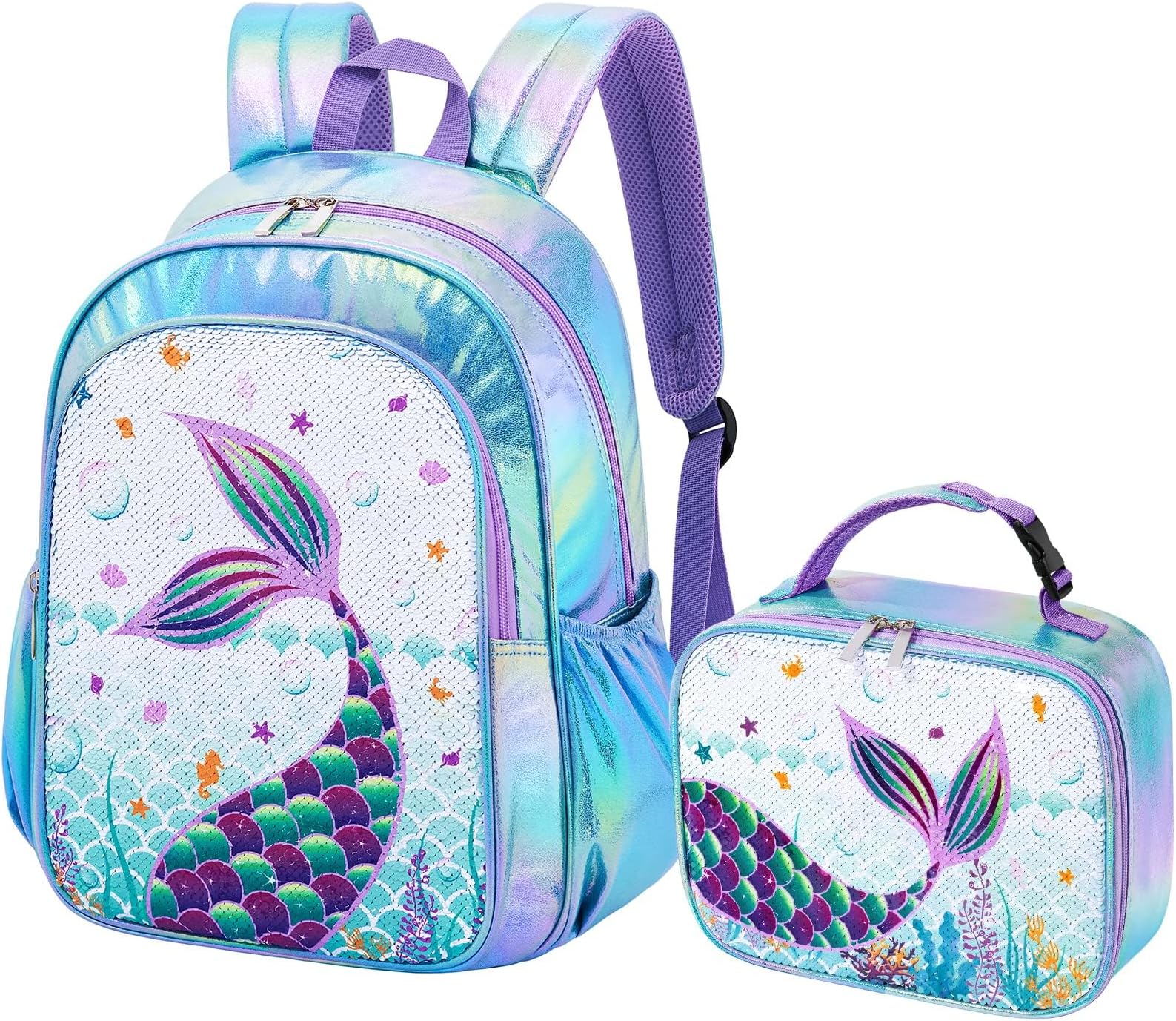 WAWSAM Glitter Mermaid Backpack Set - Sparkly School Backpack with Lunch Box for Girls Preschool Kindergarten Elementary 15” Blue Travel Book Bag Schoolbag Insulated Lunch Bag