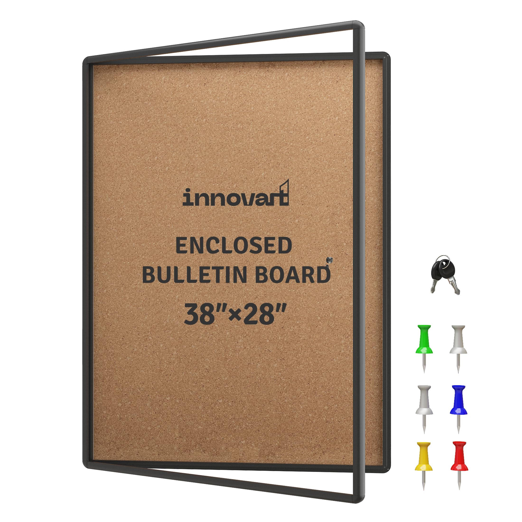 INNOVART Geschlossene Pinnwand, 96,5 x 71,1 cm, abschließbare Pinnwand, Kork-Pinnwand mit schwarzem Aluminiumrahmen, Wandvitrine mit aufklappbarer Tür, Informationsschrank für Schule, Büro, Gewerbe