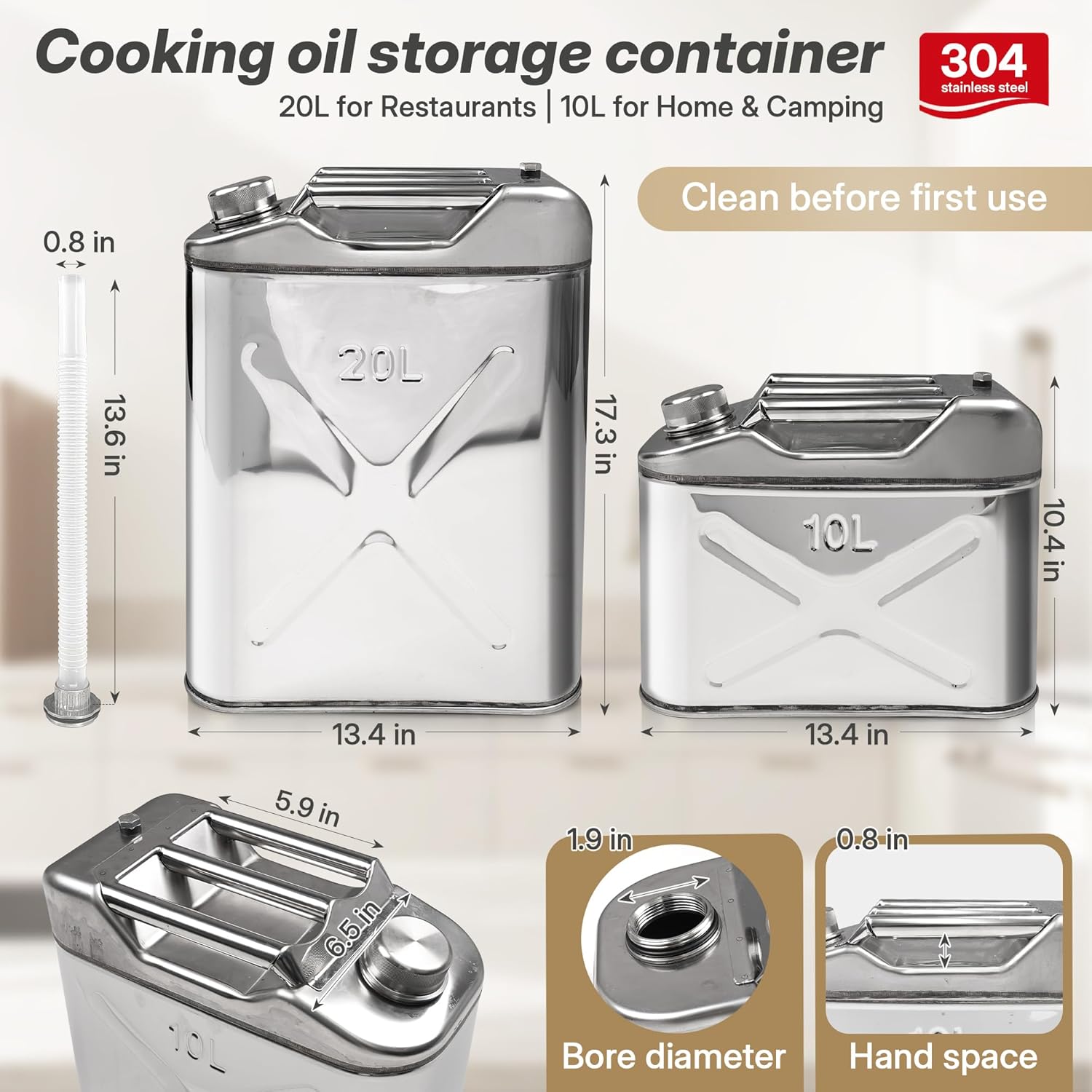 5.3 Gallon Large Cooking Oil Storage Container with Strainer Fryer Drain Hose, 304 Stainless Hot Oil Container for Kitchen, Grease Can & Water Jug for Restaurant, Dining Car, Picnic, Camping