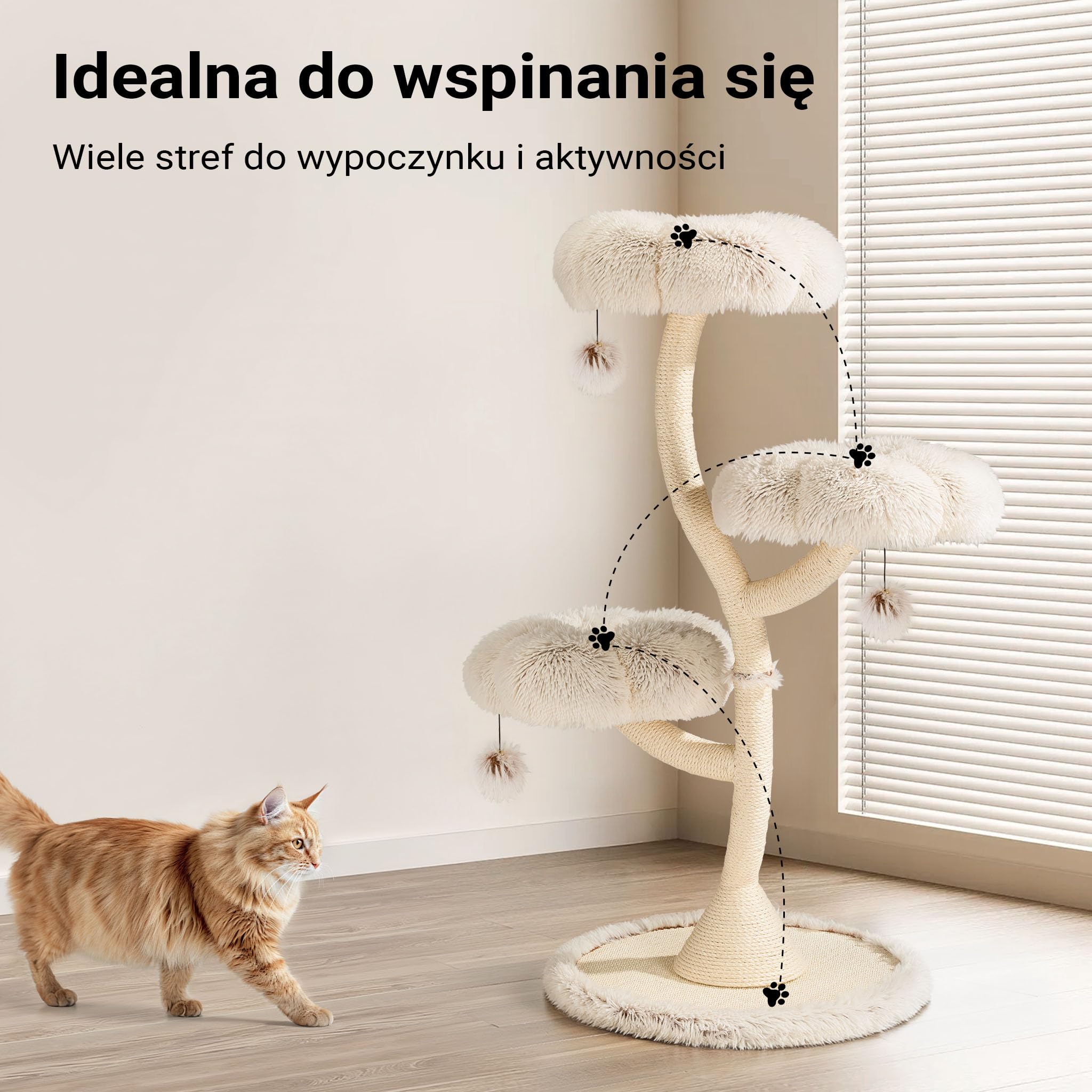 Fudajo Designerski drapak dla kota z legowiskami i zabawką Ø 59 cm i 125 cm wysokości, pluszowy koci plac zabaw z 3 poziomami i piłeczkami, drzewko z sizalem