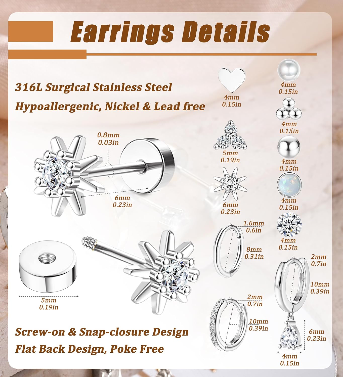 MJust 18 Pairs Earrings Set – Flat Back Stud Hypoallergenic 20G Steel stud | 18 Pairs Flat Back Earrings Set – Hypoallergenic 316L Steel Studs for Cartilage & Lobe Piercings