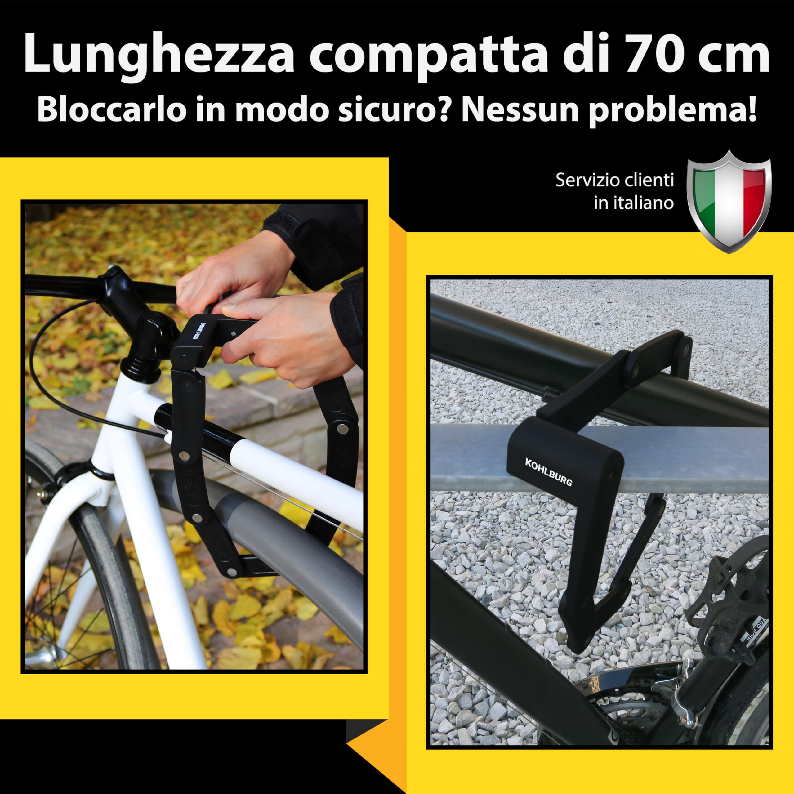 KOHLBURG Antifurto pieghevole leggero | 680g | 70cm lungo | con supporto | Lucchetto piccolo & leggero | Antifurto per biciclette in acciaio temprato | per bicicletta elettrica & monopattino elettrico