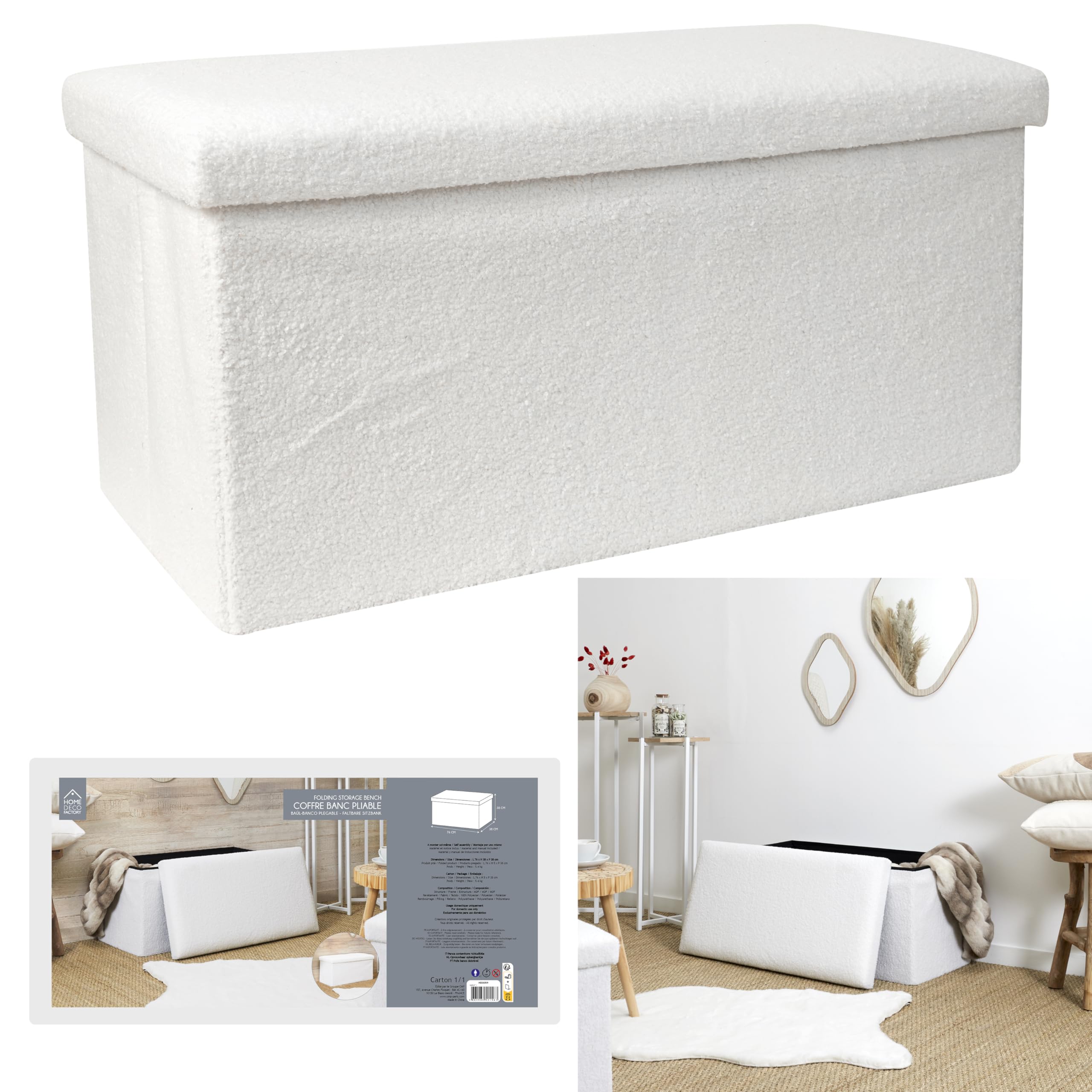HOME DECO FACTORY Baule Panca Pieghevole in Bouclé Contenitore Bianco