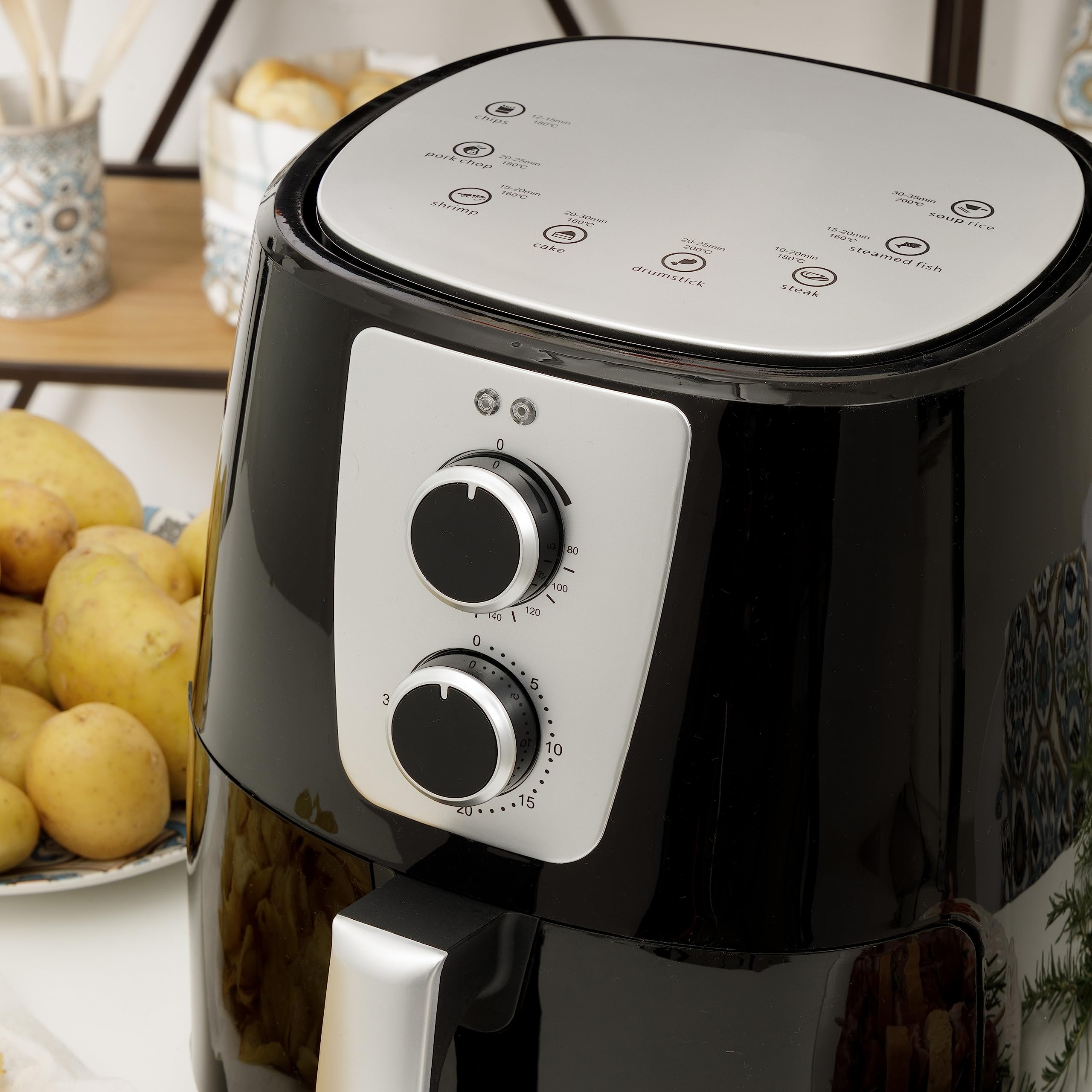 Baroni Home Friggitrice ad Aria Calda Senza Olio con Cestello Antiaderente, Air Fryer con Termostato Regolabile fino a 200°, Capacità 5,2 Lt, 1300 Watt, 37x27x25 cm