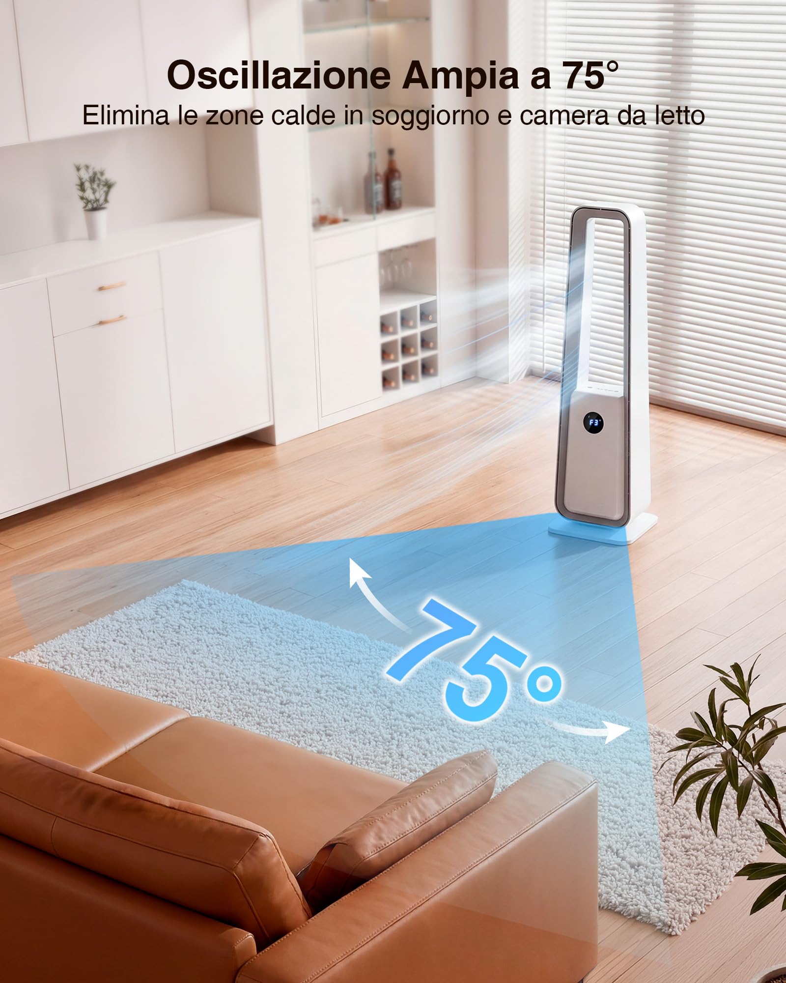 Ventilatore a Torre Senza Pale: Ventilatore a Colonna Silenzioso con Telecomando Oscillazione 75° Timer 12H 3 Modalità Purificatore d'Aria per Camera da Letto Soggiorno Ufficio Bambini Animali