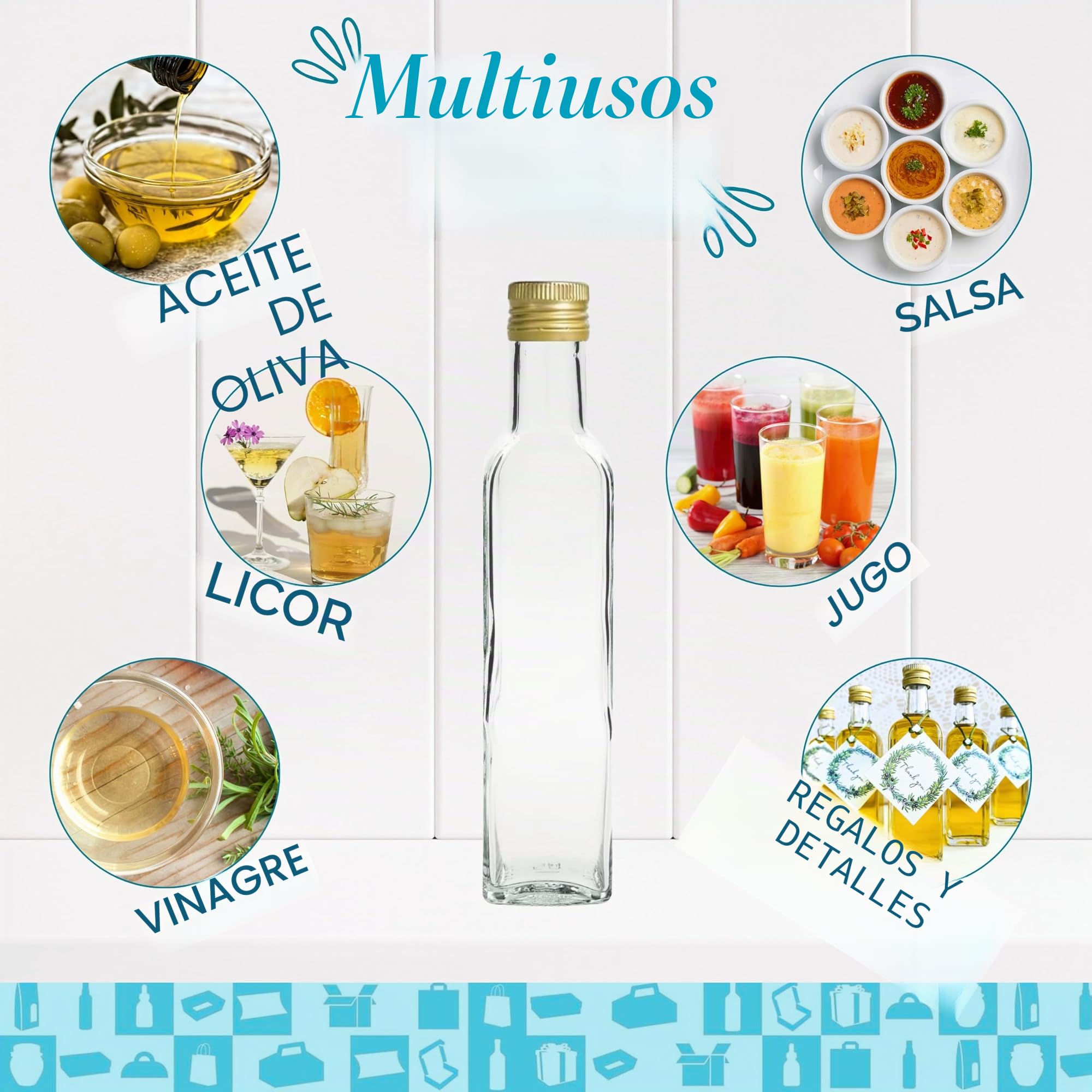 Espirito Rebelde 20 Botellas de Cristal 250ml con Tapón de Rosca Dorado con Boquilla Vertedora - Aceite de oliva, Vinagre, Alcohol, Salsas - Aceitera de Cristal