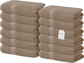 Avalon Towels Wash Cloths 12 Pack Beige 100% Cotton Washcloths 12x12 Face Towels, Wash Rags, Facial Towel, fingertip Towel for Bathroom, Beige Washcloth