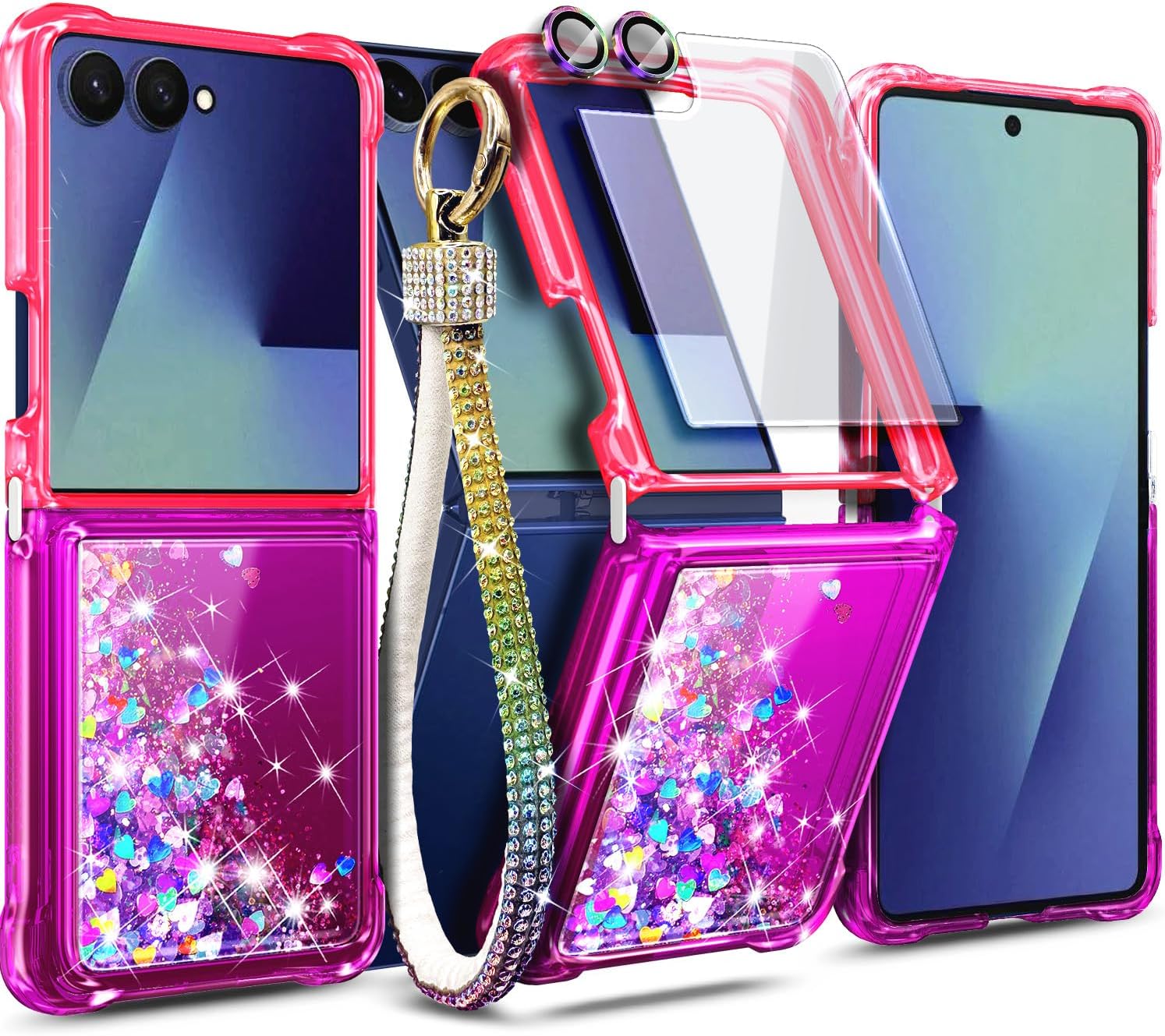 NGB Designed for Samsung Galaxy-Z-Flip-7 Case, Pink/Purple | Glitter Liquid Sparkle Cute Cover for Women Girls | with Tempered Glass Screen Protector & Camera Lens Protector & Diamond Wrist Strap