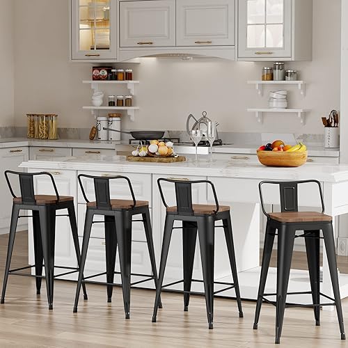 Miniatura 6 de Changjie Furniture - Juego de 4 sillas altas de metal con diseño industrial para barra de cocina o bar con respaldo bajo, Metal, Negro, 30 pulgadas