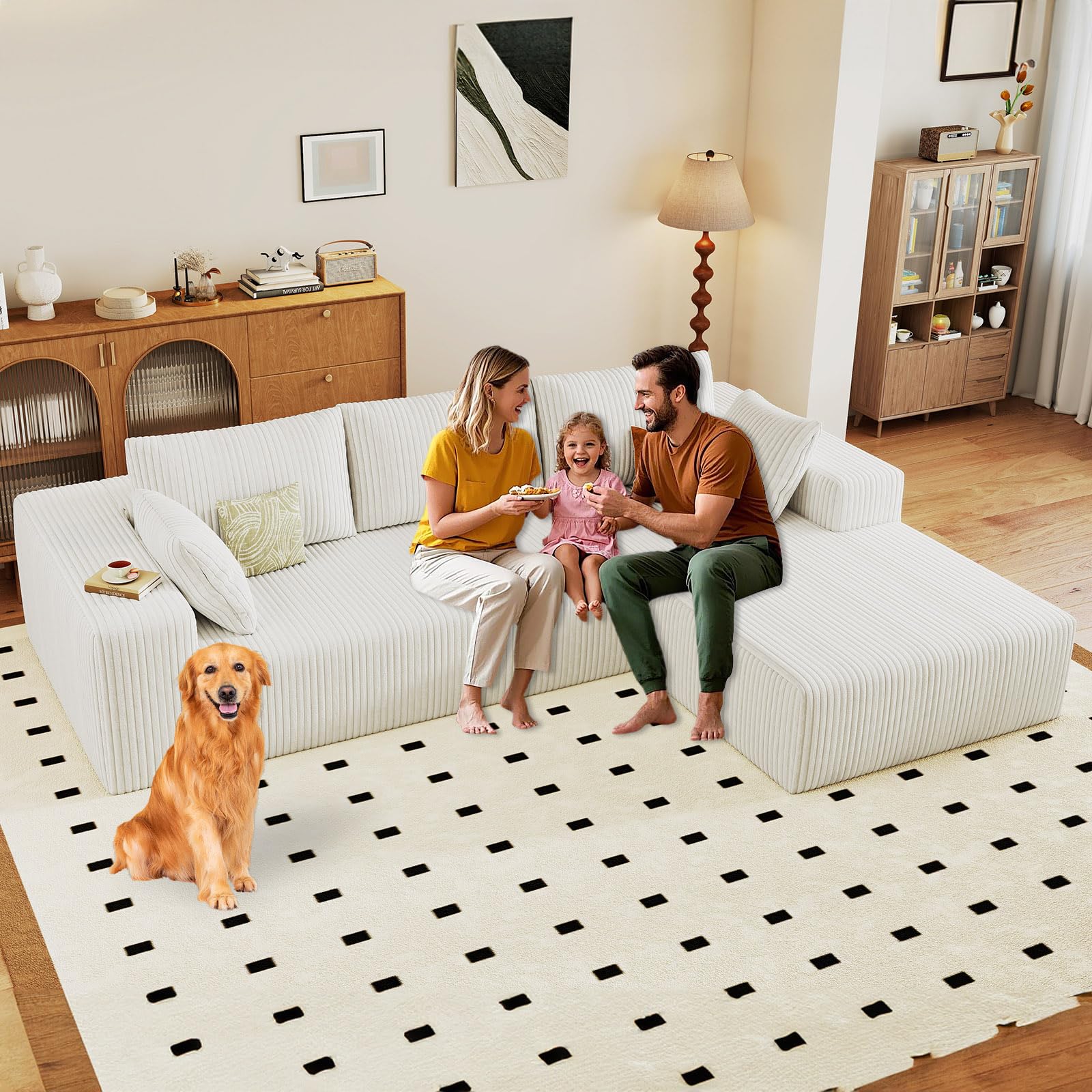 96" Modular Sectional Sofa, Modern Corduroy Cloud Couch with Deep Seat, Boneless Couch Upholstered 3-Seater L-Shaped Sofa for Living Room, No Assembly Required (White, Right-Facing Chaise)