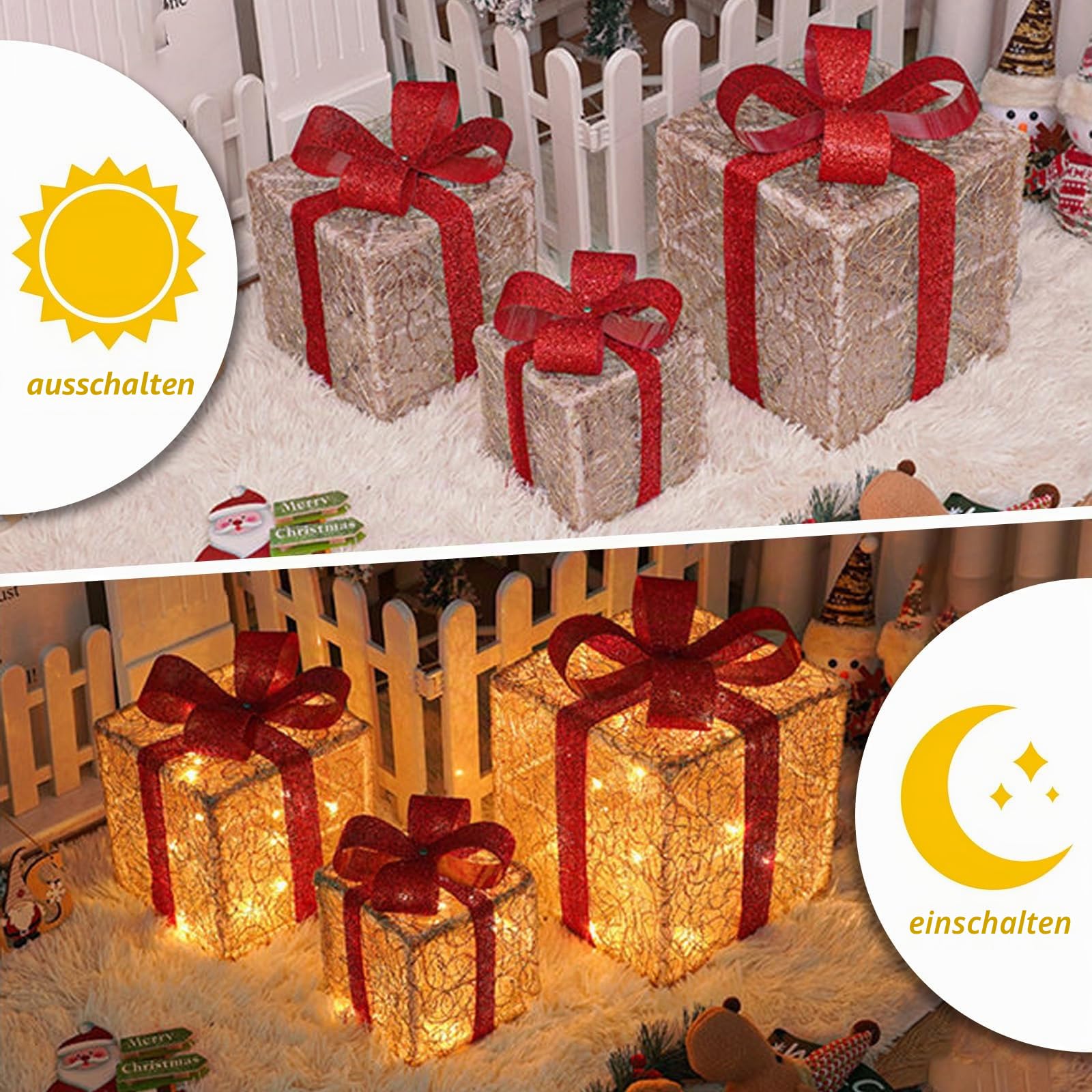 3er Set LED Geschenkbox Weihnachten, LED Deko Geschenkbox