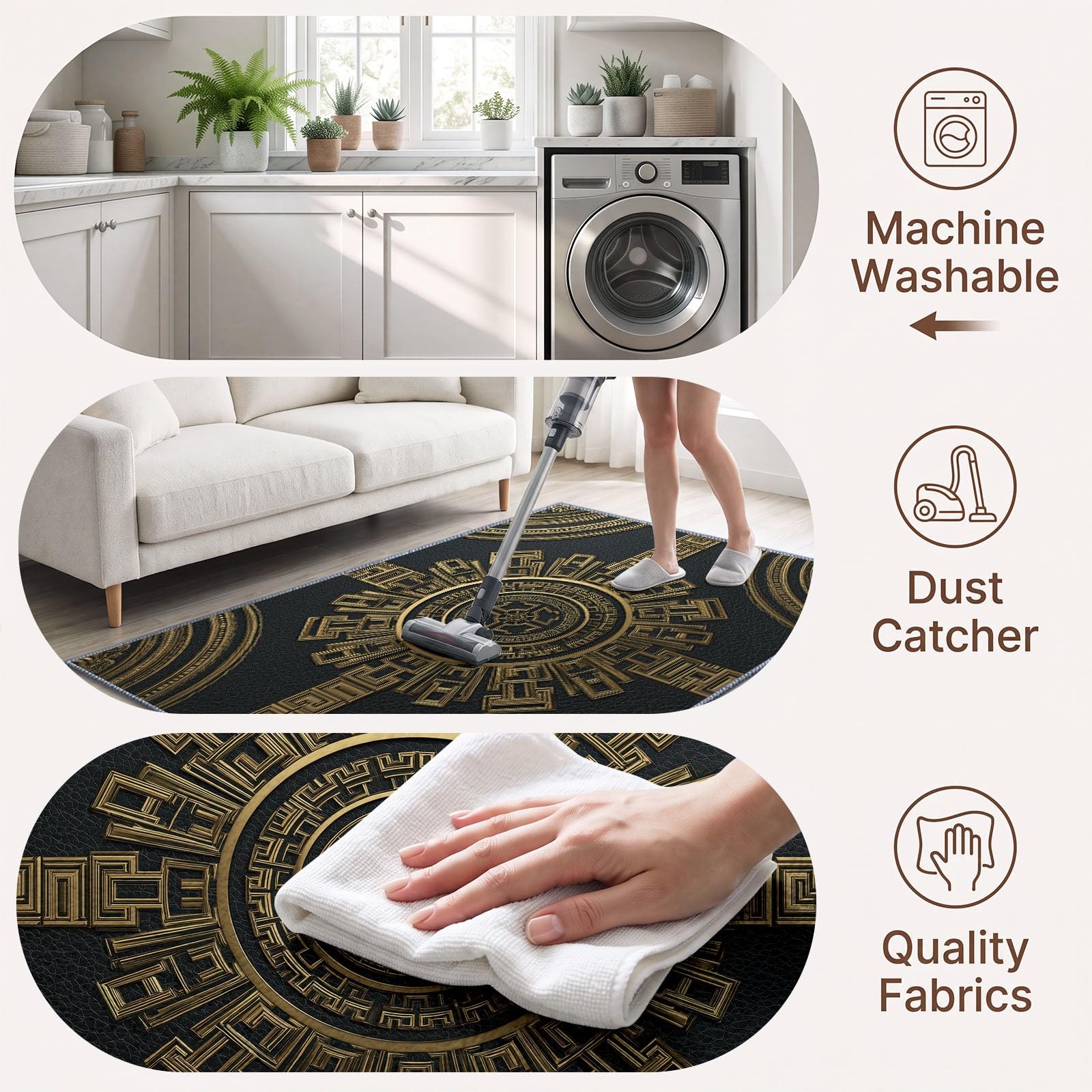 Lavable Machine Tapis Relief 3D Géométrique Dessous Antidérapant, Méandre Grec Badge Circulaire Tapis Pile Courte 160 x 230 cm pour Salon Salle à Manger Chambre Cuisine Entrée