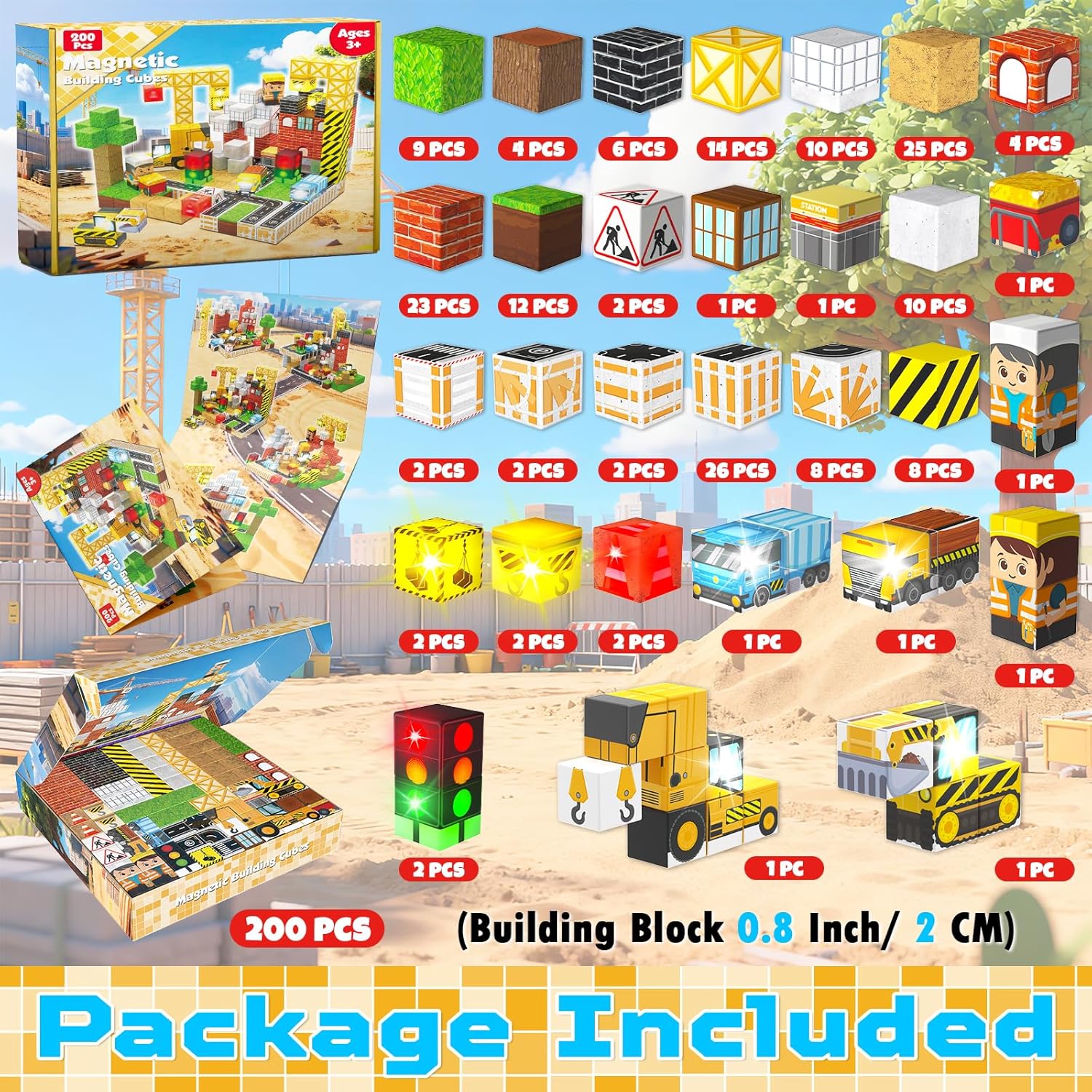 200PCS Light Up Magnetic Blocks - Magnet Building Blocks, Stacking Magent Cubes Construction Theme, STEM Montessori Sensory Educational Easter Birthday Gifts Toys for Kids Boys Girls Ages 3-12