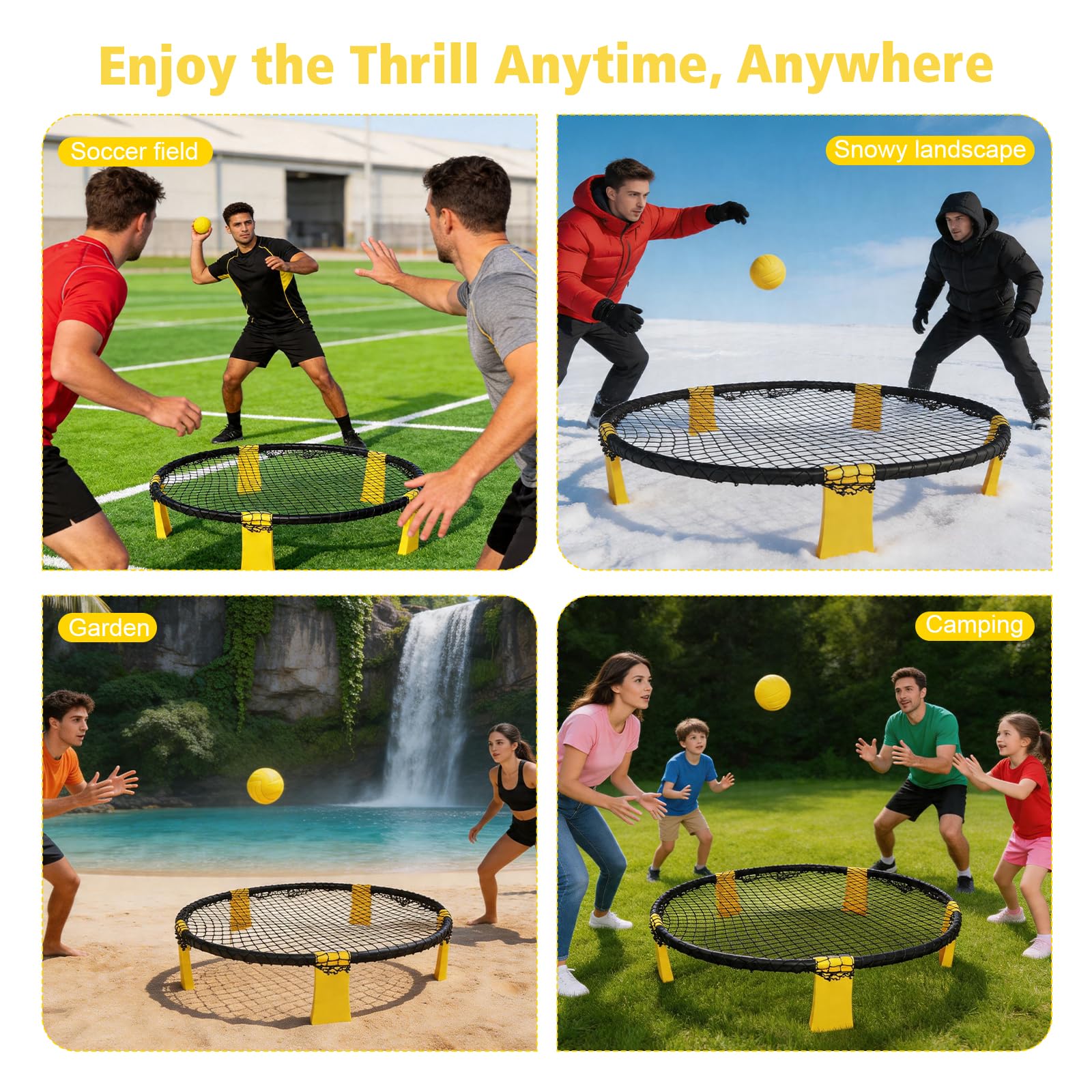 Profi Roundnet Set für Draußen Stabiles Outdoor Spieleset für Garten und Strand Tragbares Ballspiel für Erwachsene und Kinder inklusive Netz 2 Bälle Pumpe und Tasche Gelb