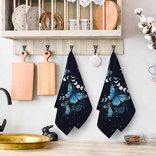 Miniatura 3 de Juego de 2 toallas de cocina decorativas con diseño de mariposa azul, paños de secado celestial bohemios, bonitos paños de té de mano, regalos