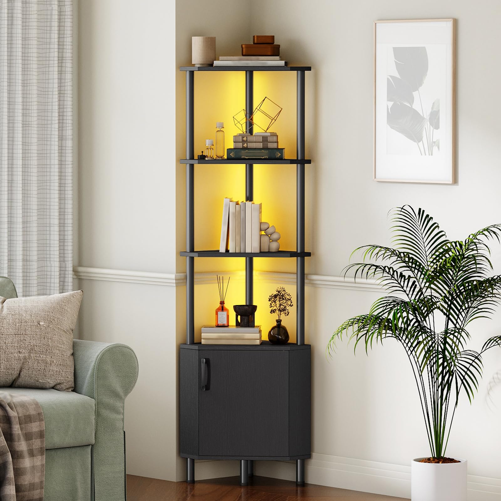 HOOBRO Estantería Esquinera, Librería con Luz LED y Armario, Estantería de Exhibición de Estilo Industrial, Mueble para Baño, Sala de Estar, Estudio, Dormitorio, Cocina, Negro EBB147DCJ01