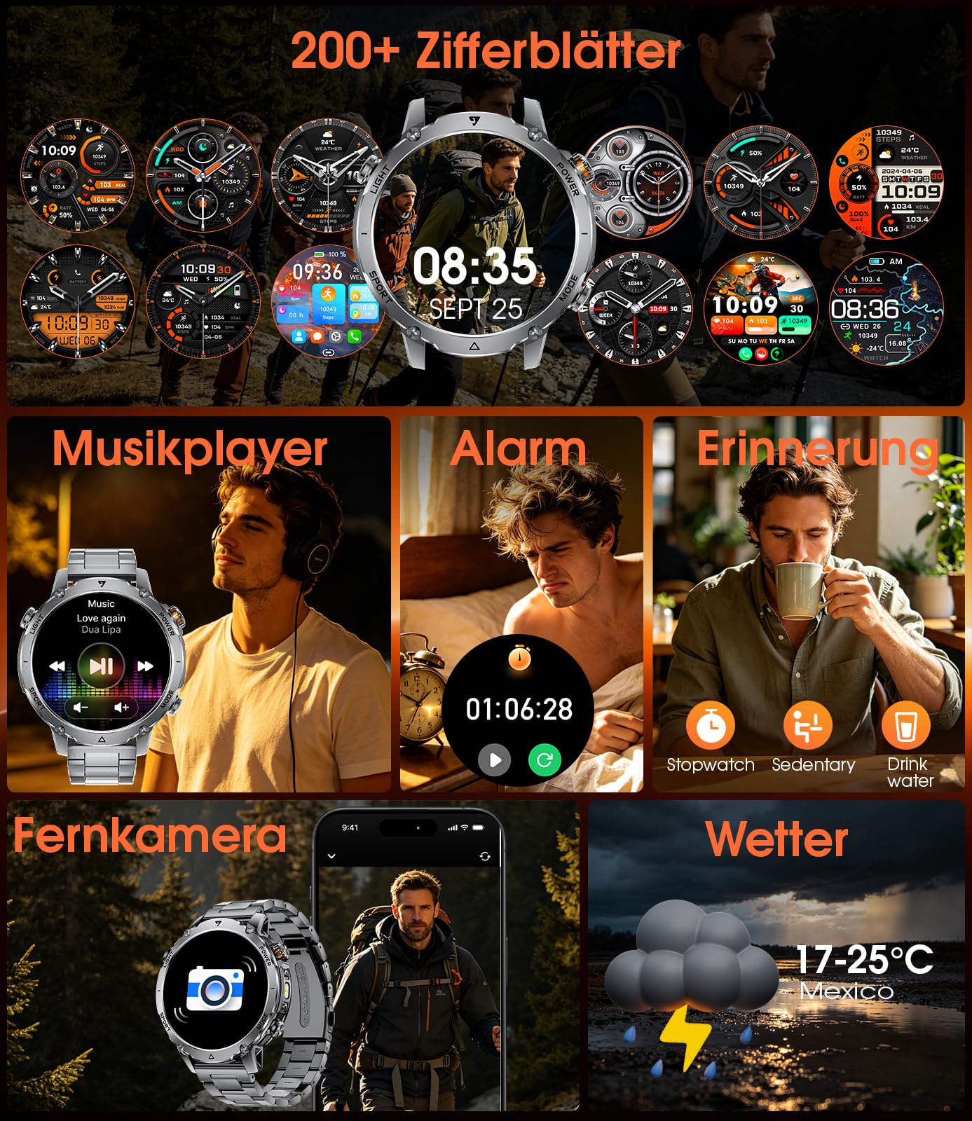 LIGE Militär Smartwatch Herren, 1400mAh Akku, 1,7 Zoll HD Große Smart Watch mit LED Taschenlampe, Bluetooth Anruf, 110+ Sportmodi, IP68 Wasserdicht, Fitnessuhr für Android iOS, 2 Armbändern, Schwarz