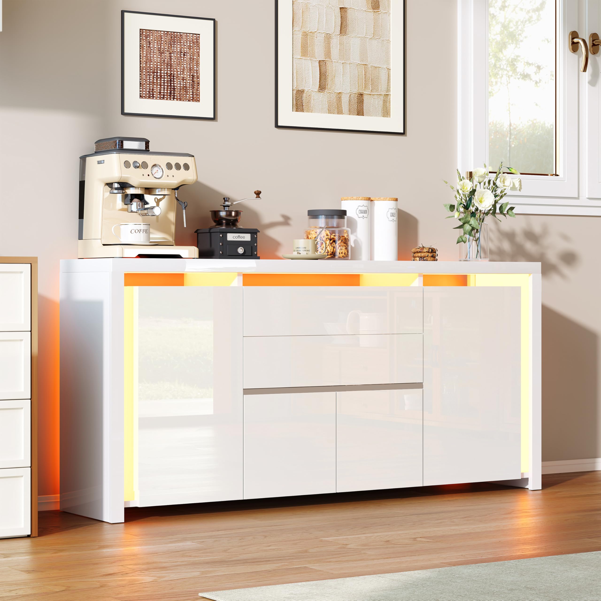 Credenza Soggiorno Moderno Lucida, Madia Mobile da Cucina con 4 Ante e 2 Cassetti,Dispensa Cucina Buffet da Cucina per Soggiorno Cucina Sala da Pranzo, 160x35x75 cm (Bianco)