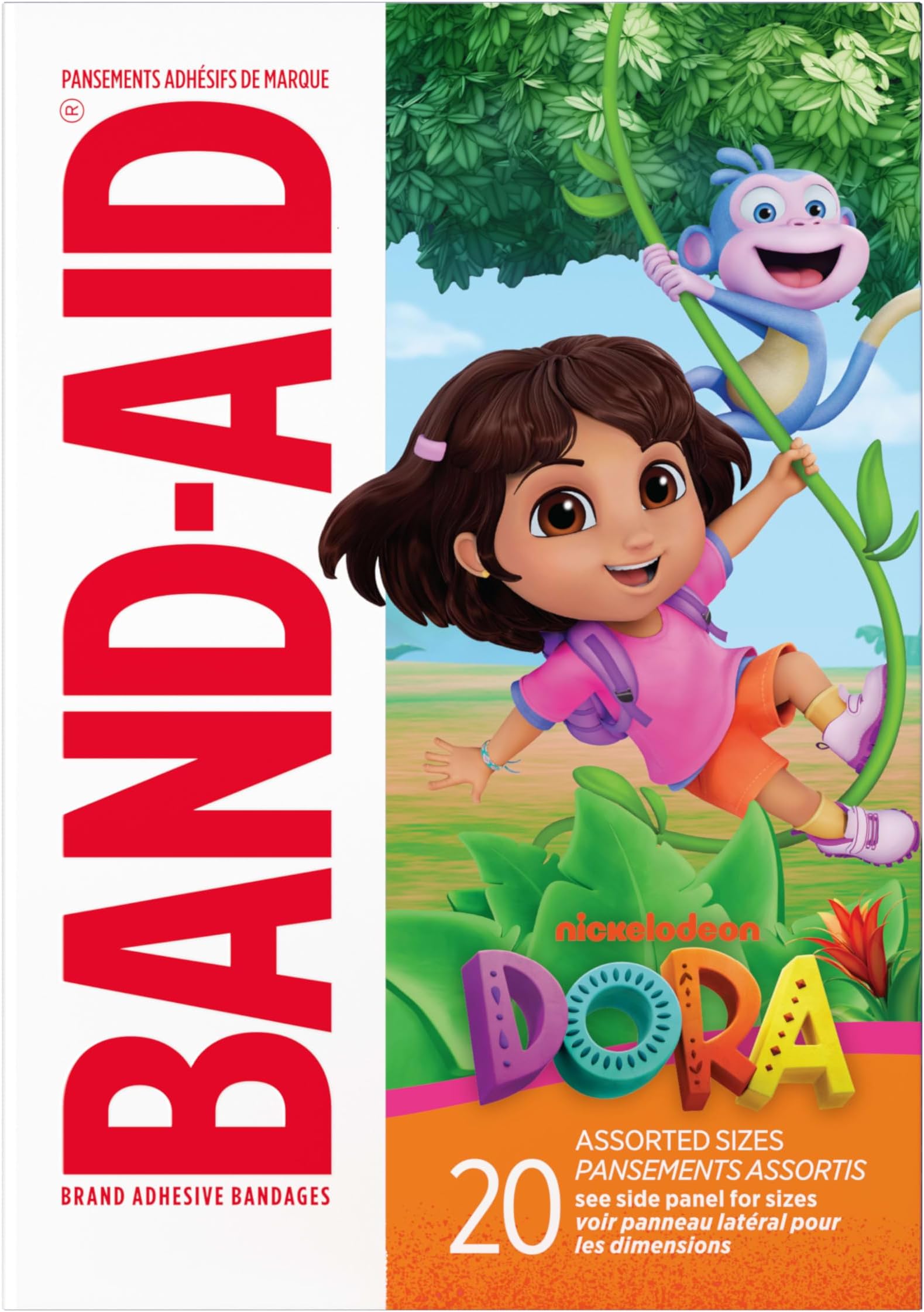 BAND-AID Brand Adhesive First Aid Bandages for Minor Cuts & Scrapes, Wound Care Featuring Nickelodeon Dora Characters, Fun Bandages for Kids & Toddlers, Sterile, Assorted Sizes, 20 ct