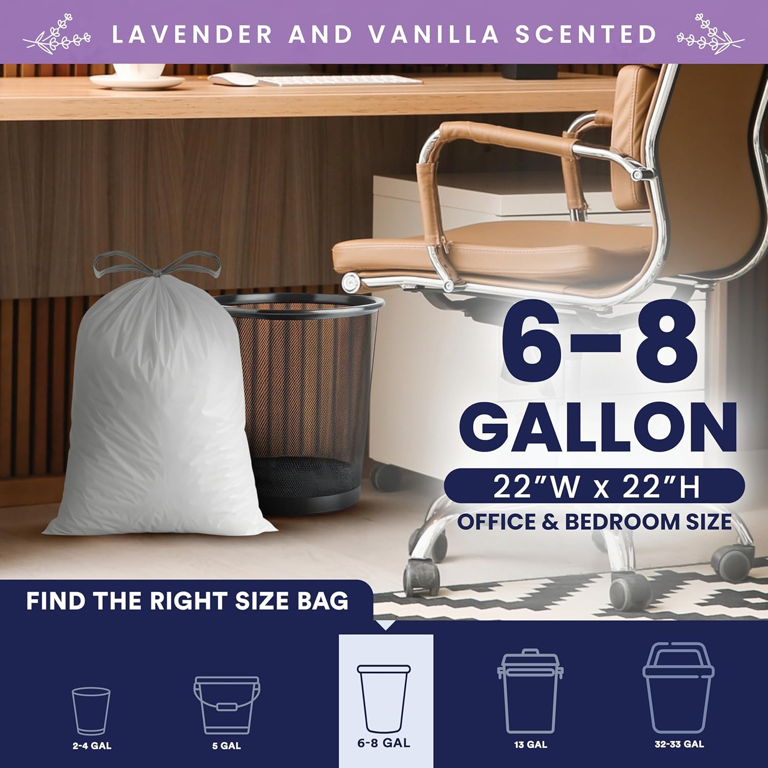 Plasticplace 8 Gallon Trash Bags │ 0.7 Mil │ Lavender and Soft Vanilla Scented Garbage Can Liners │ 22" x 22" (200 Count), White