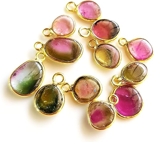 Rare Gemstone Piedras preciosas de turmalina sandía, dijes auténticos de un solo bucle/colgantes pequeños, plata 925 chapada en oro de 14 quilates,