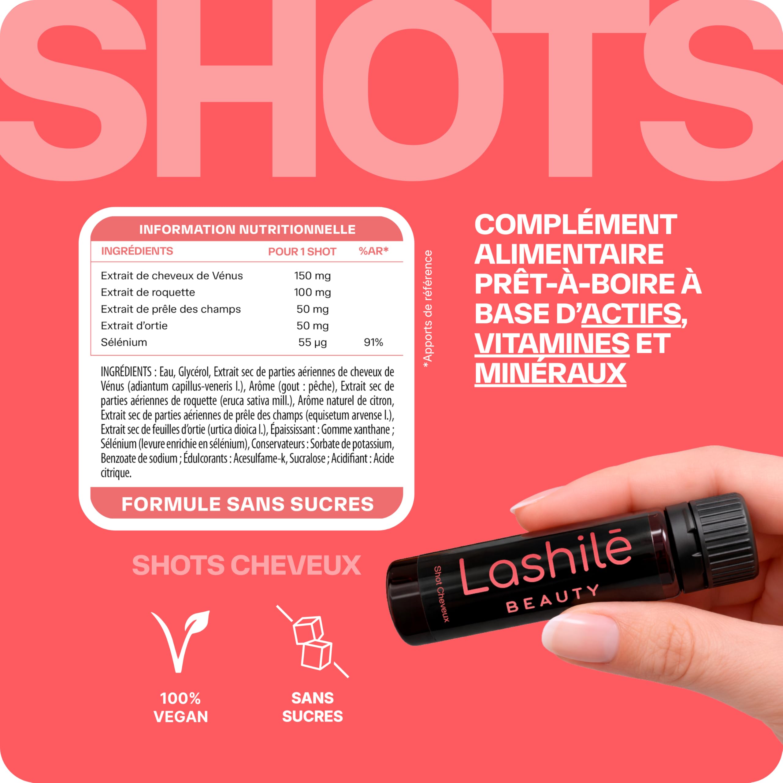 Lashilé Beauty - Complément Alimentaire - Formule 3 en 1 - Anti-chute croissance et fortification - Shots cheveux - Cheveux de vénus roquette prêle sélenium - Made in France - Programme 2 mois
