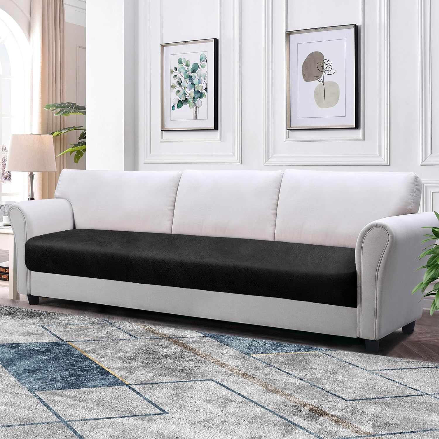 Couch Cushion Cover Leather-Look 1PC Stretch Sofa Seat Slipcover for Living Room Individual Sofa Cushion Cover Couch Seat Protector, Pet-Friendly, Non-Slip, Easy Fit - Black