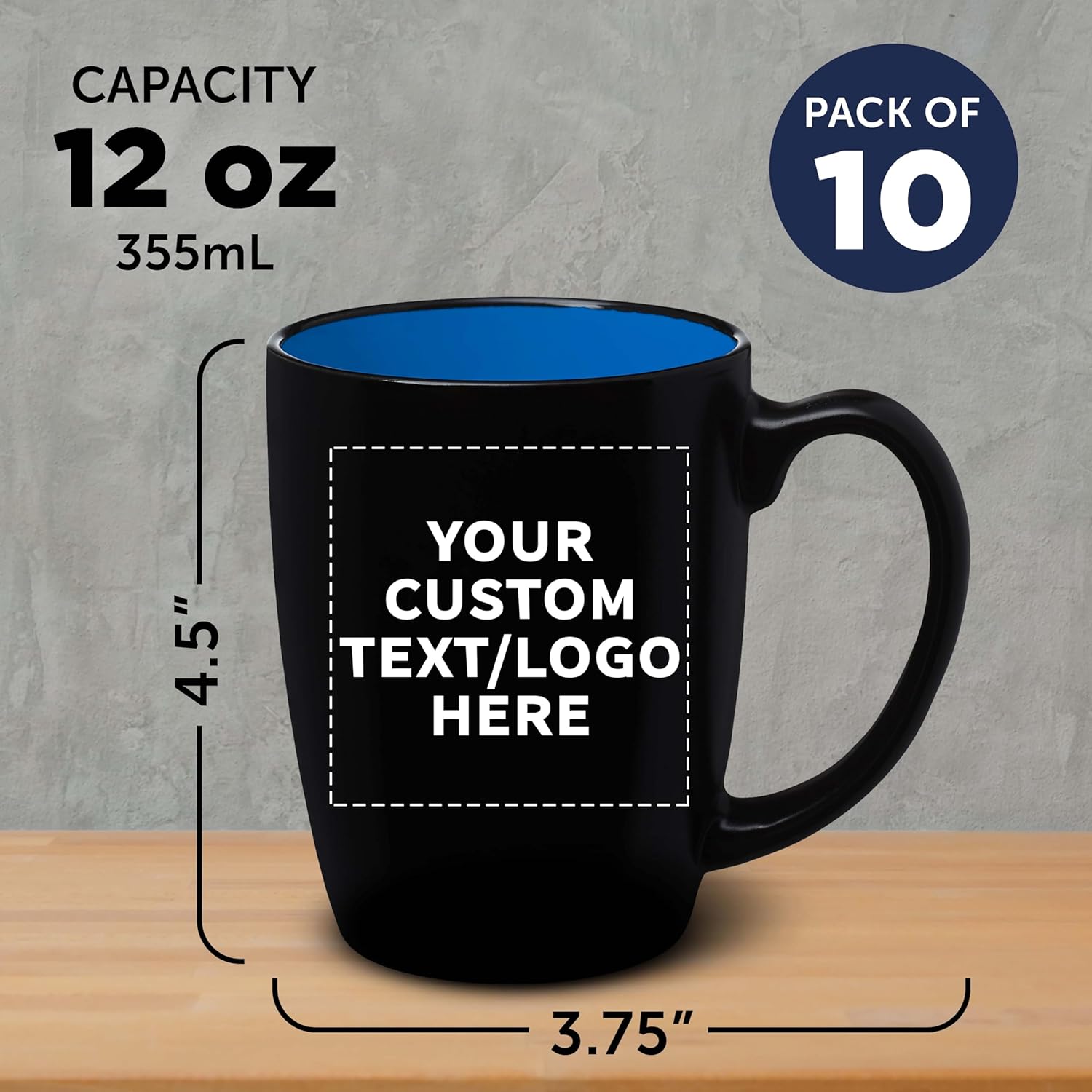 DISCOUNT PROMOS 100 Java Two Tone Coffee Mugs Set, 12 oz. - Customizable Text, Logo - Stoneware, Durable, Easy Grip - BLACKBLUE