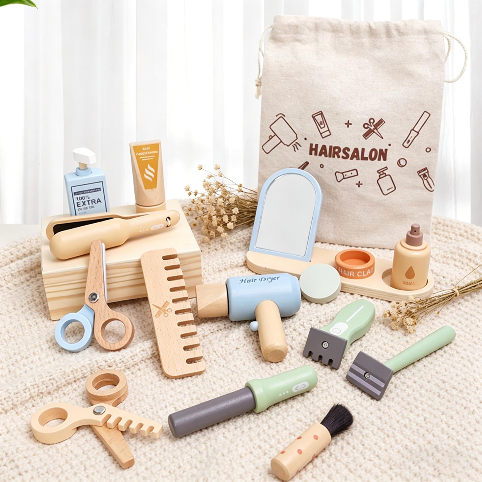 Benhurb Wooden Toys Barber Shop For Kids Hairdressing Set Hairdresser Playset, Role Play Toys, Beauty Hair Salon Pretend Play Educational Toy Gift for 3 4 5 Year Olds Boys Girls Birthday Christmas