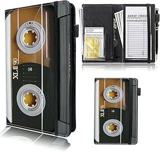 Rossy Server Books for Waitress & Waiter 9 x 5 Inch Wallet with Zipper Pocket Audio Cassette Tape Design Booklet Cute Waitress Book Serving Book with 11 Money Pocket Fit Server Aprons