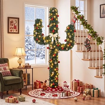 BestComfort 5ft/6ft/7ft Pre-lit Artificial Cactus Christmas Tree with 90/120/160 LED Lights, Red and Golden Ball Ornaments, Yellow Bowknot