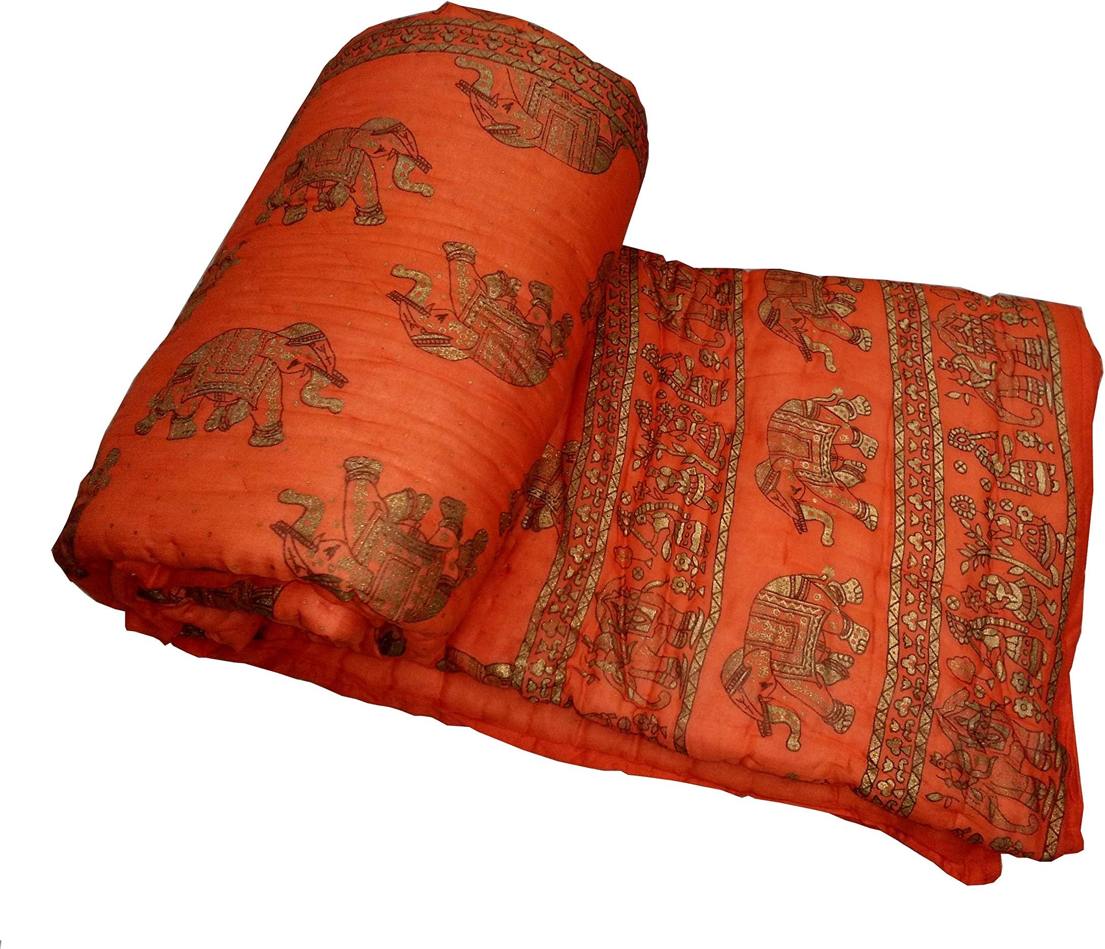 Sunita Enterprises Indian Orange Elephant - Floral Cotton Design Authentic Handmade Rajasthani Double Bed Jaipuri Razai ( Sanganeri Quilt, Rajai ) with Cotton Filling
