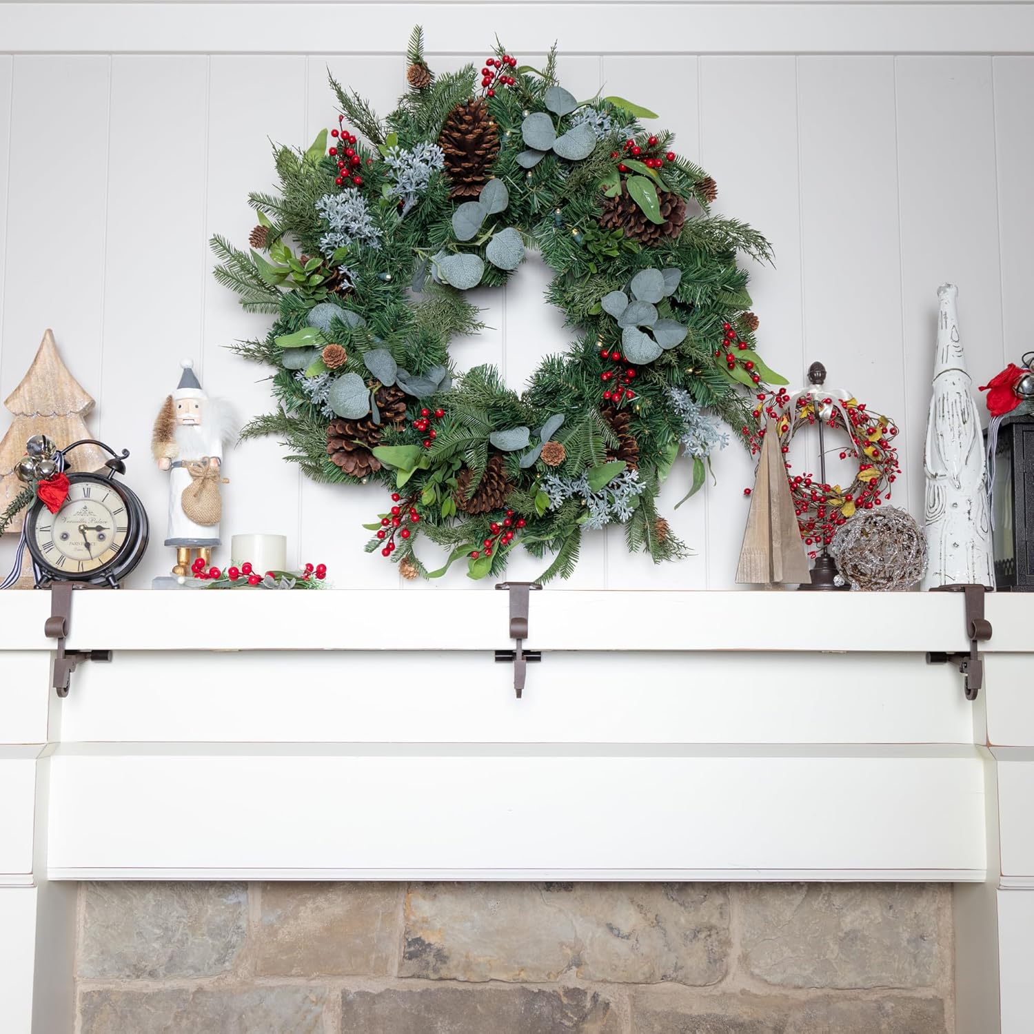 [Fireplace Stocking and Garland Hanger] - Patented Mantle Holder Has Two Hooks - Hold Christmas Stocking and Hang Garland - Durable Wrought Iron - Padded Contact Points (3 Pack - Brown)